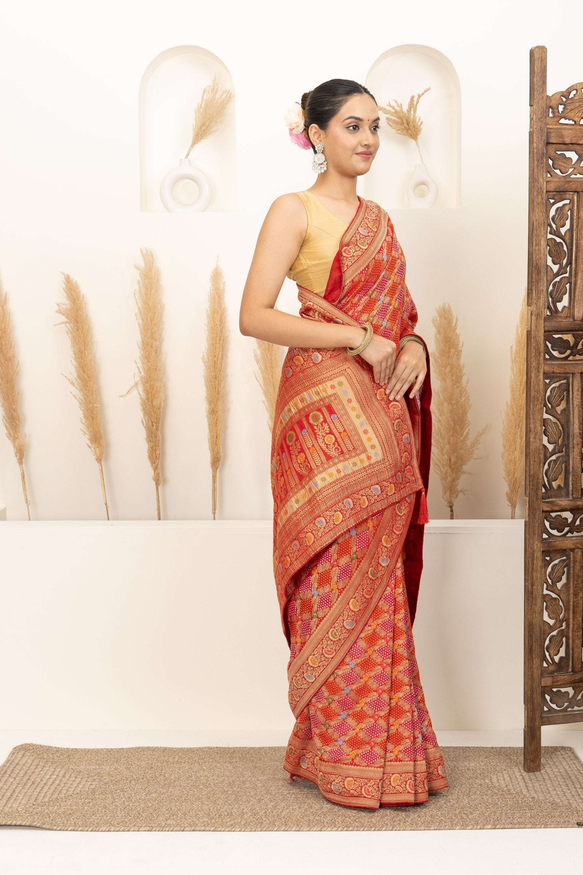 Warm Orange Saree with Multicolor Woven Artistry