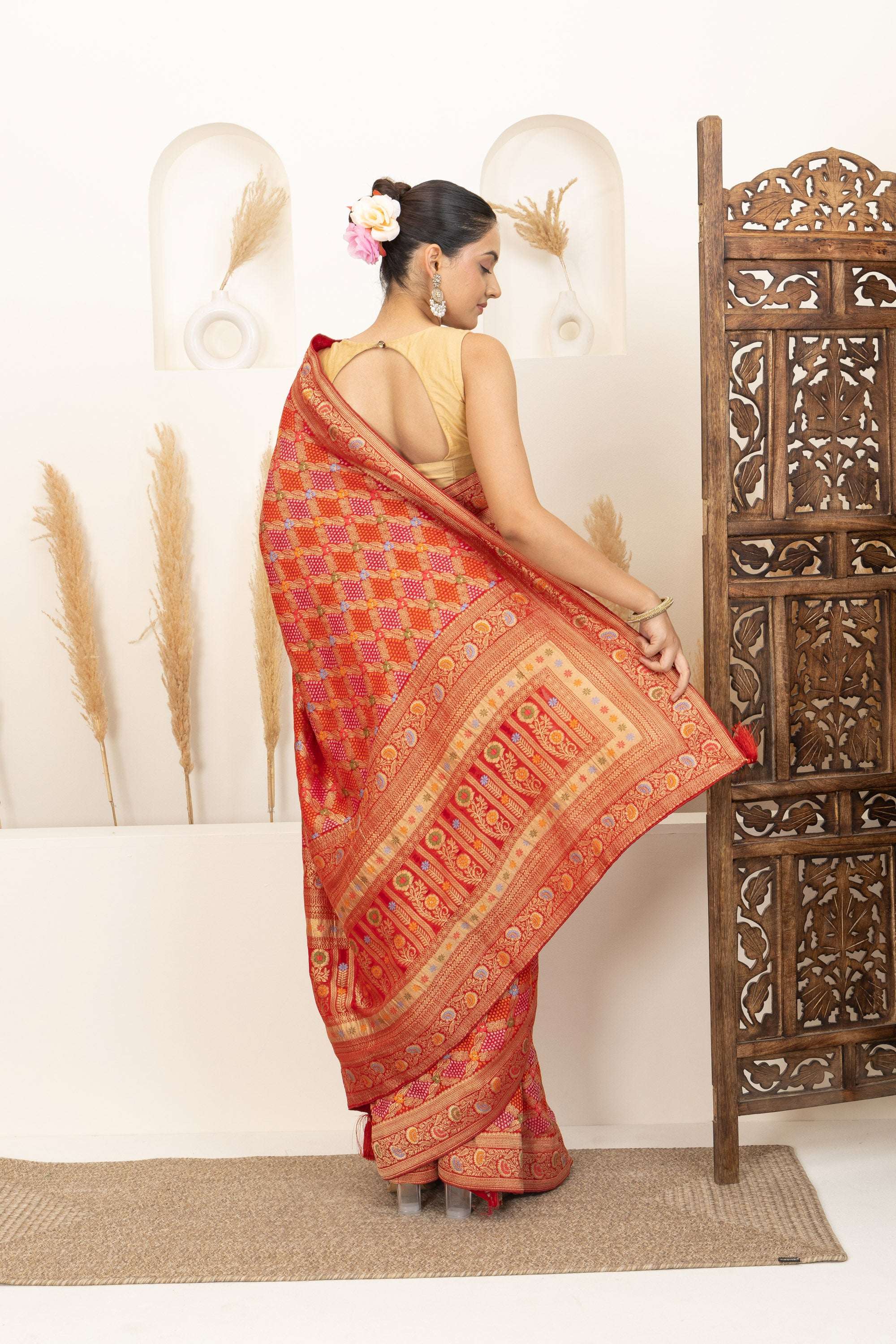 Warm Orange Saree with Multicolor Woven Artistry
