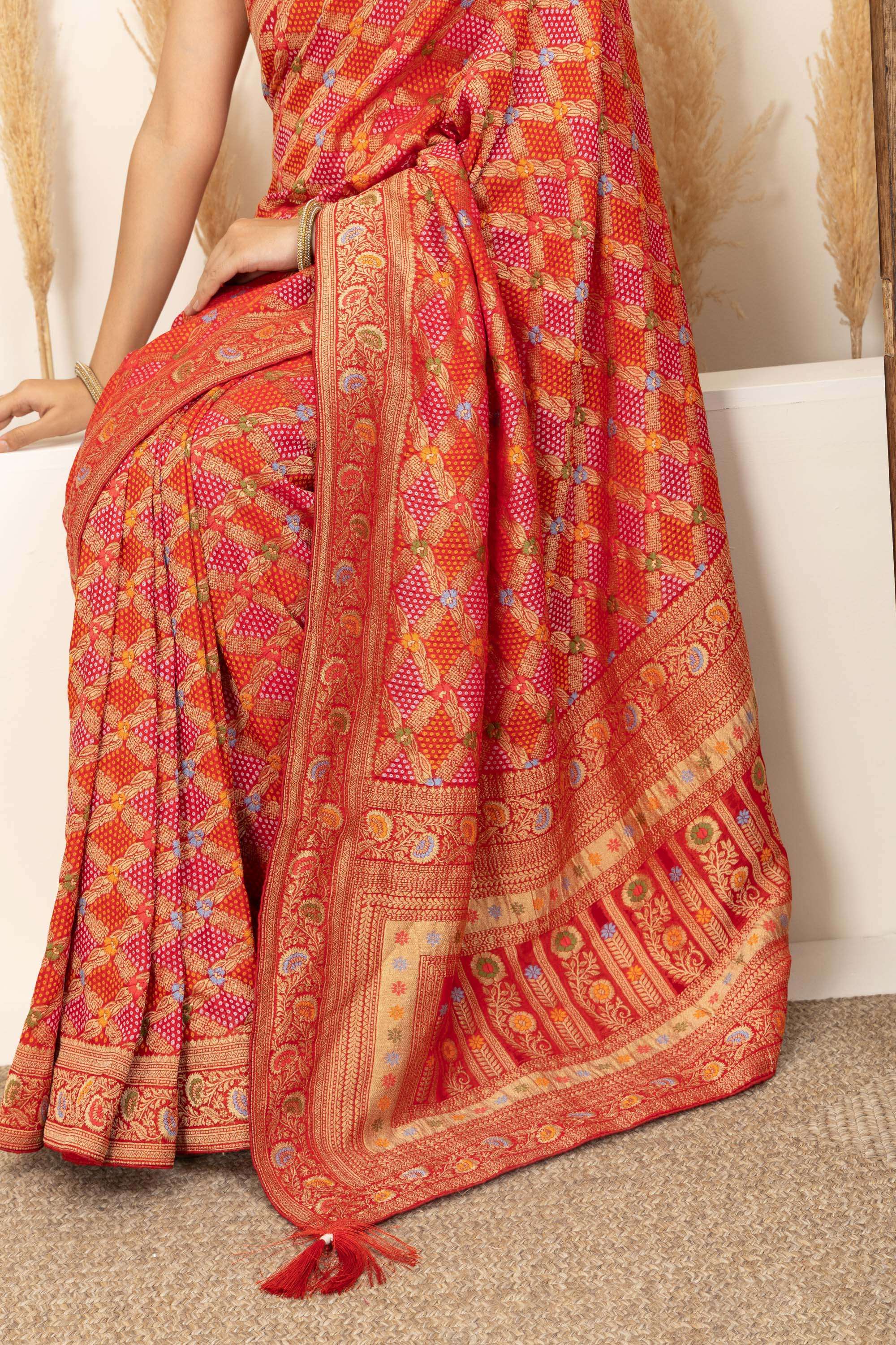 Warm Orange Saree with Multicolor Woven Artistry