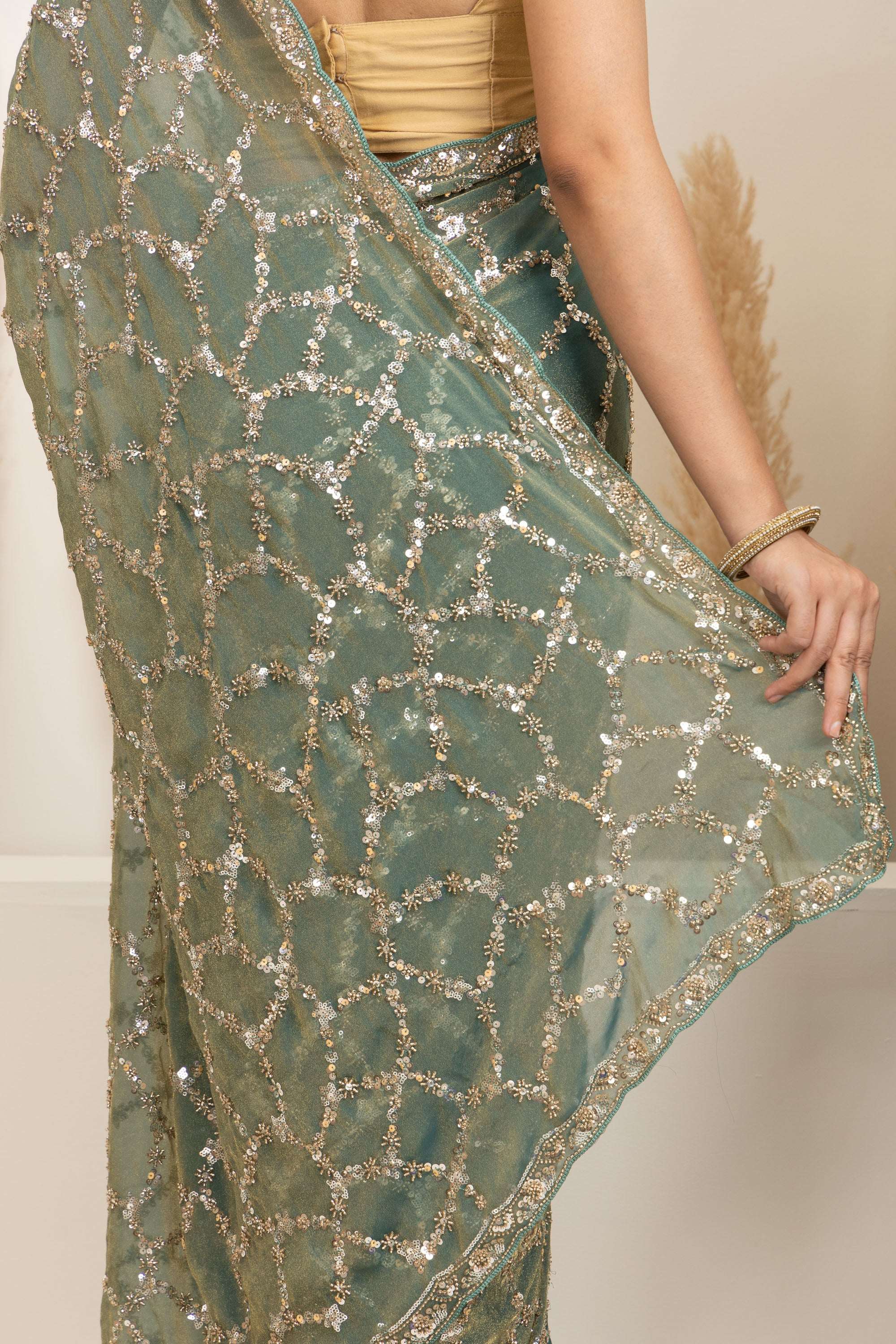 Sage Green Saree with Intricate Silver Embellishments
