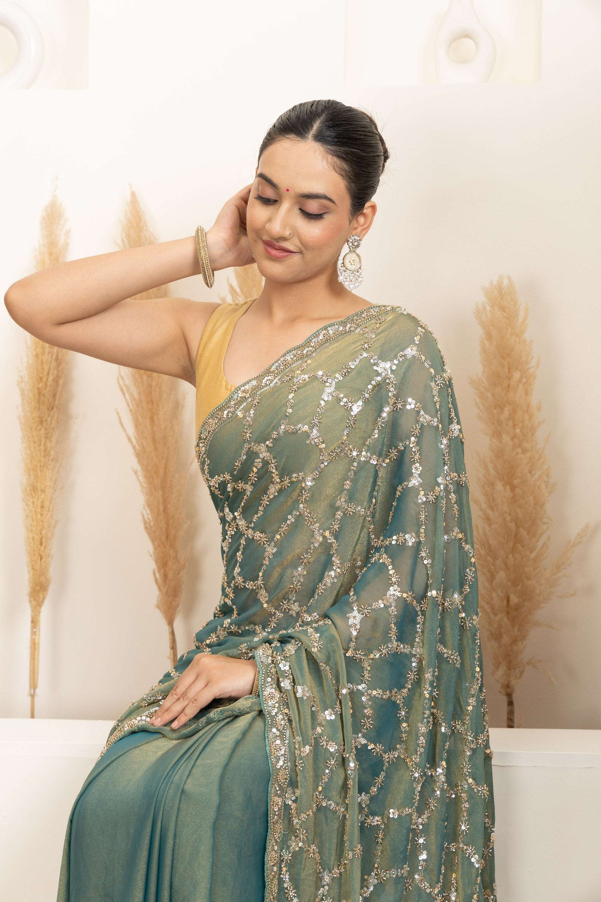 Sage Green Saree with Intricate Silver Embellishments
