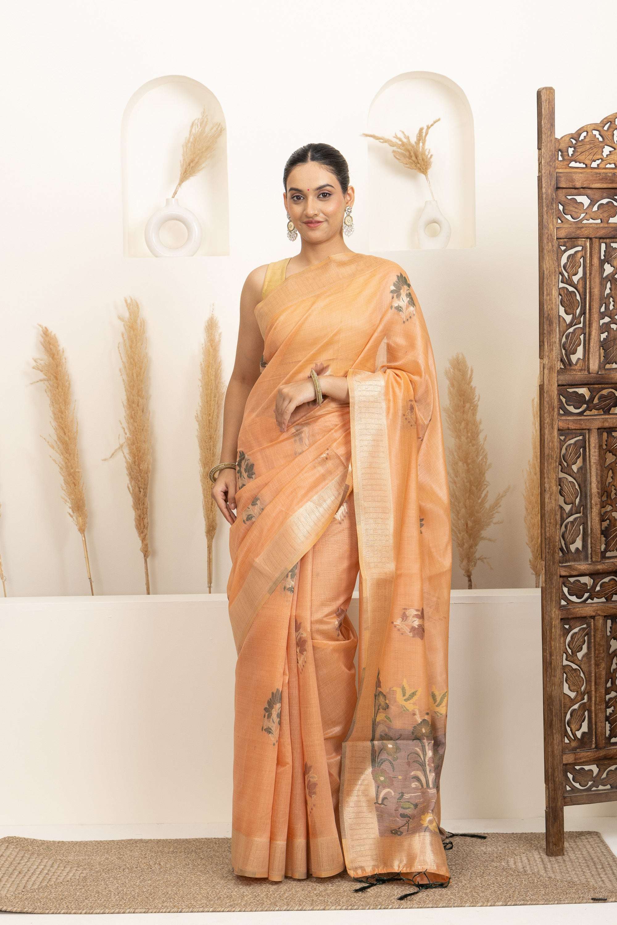 Soft Peach Saree with Earthy Floral Accents