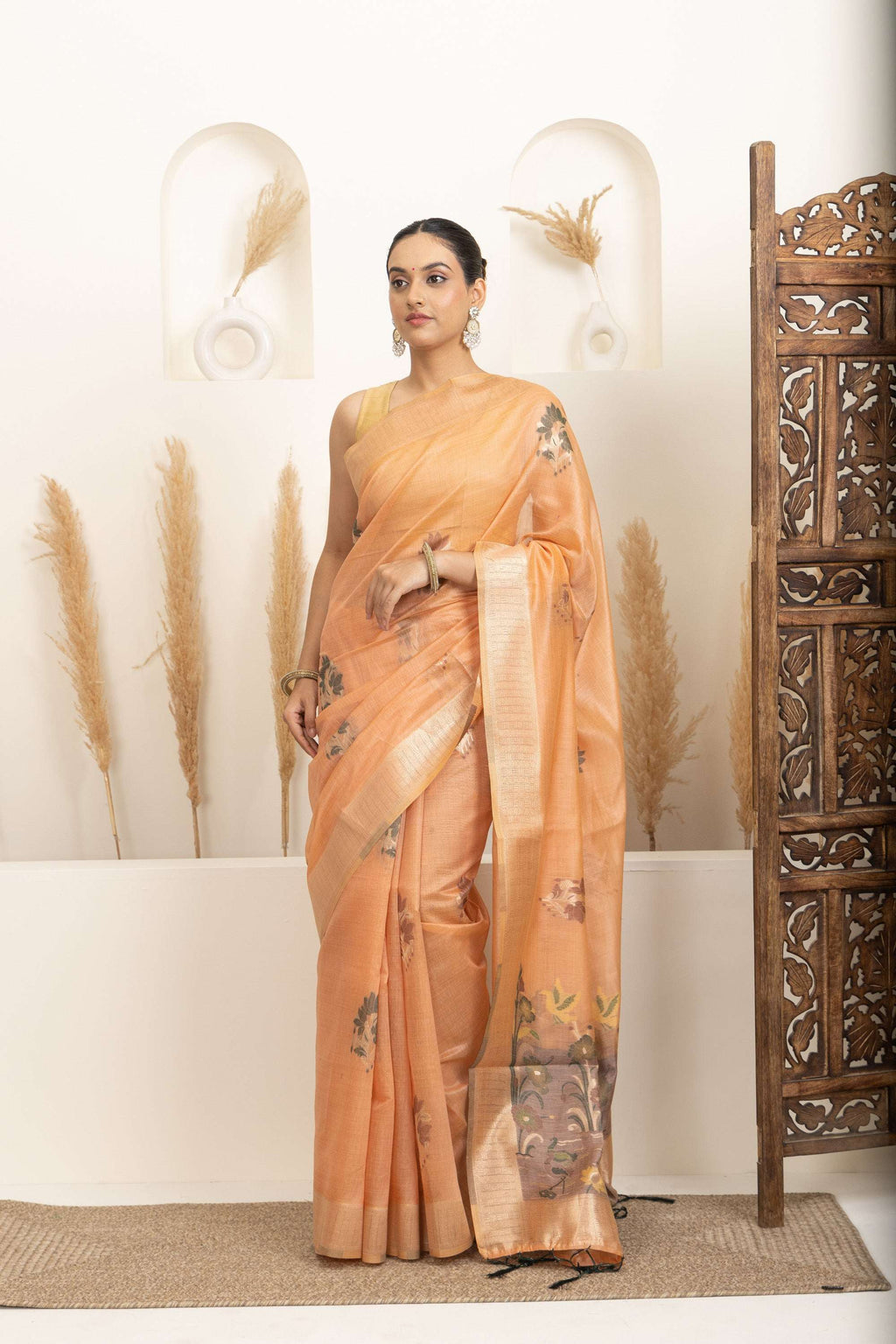 Soft Peach Saree with Earthy Floral Accents