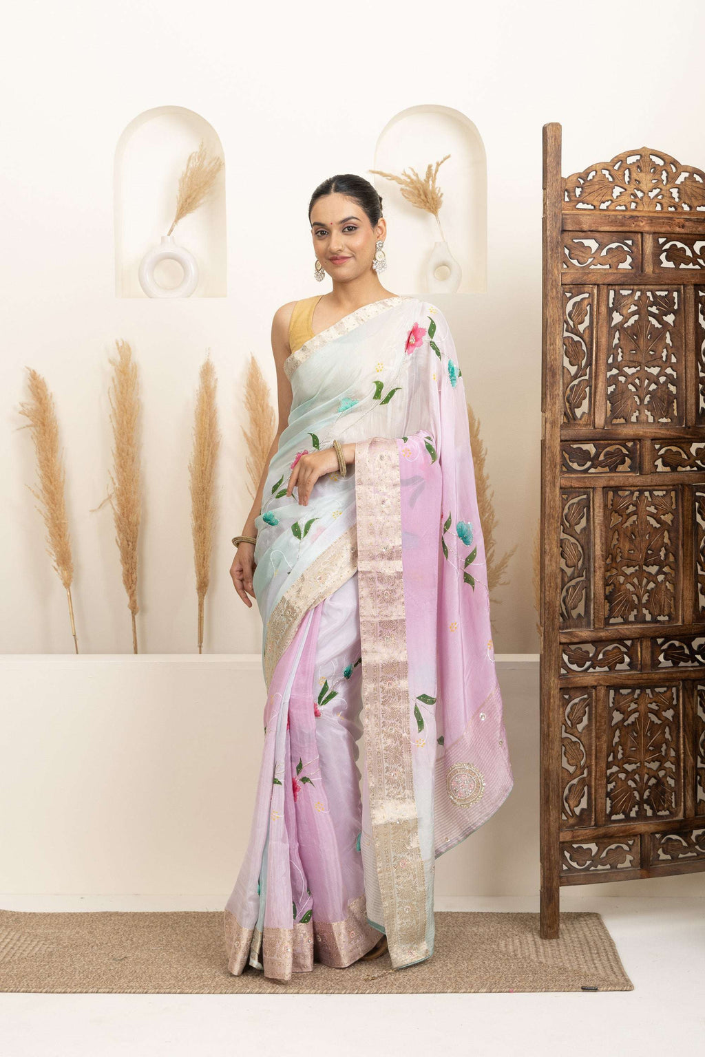 Pastel Organza Saree with Hand-Painted Floral Accents