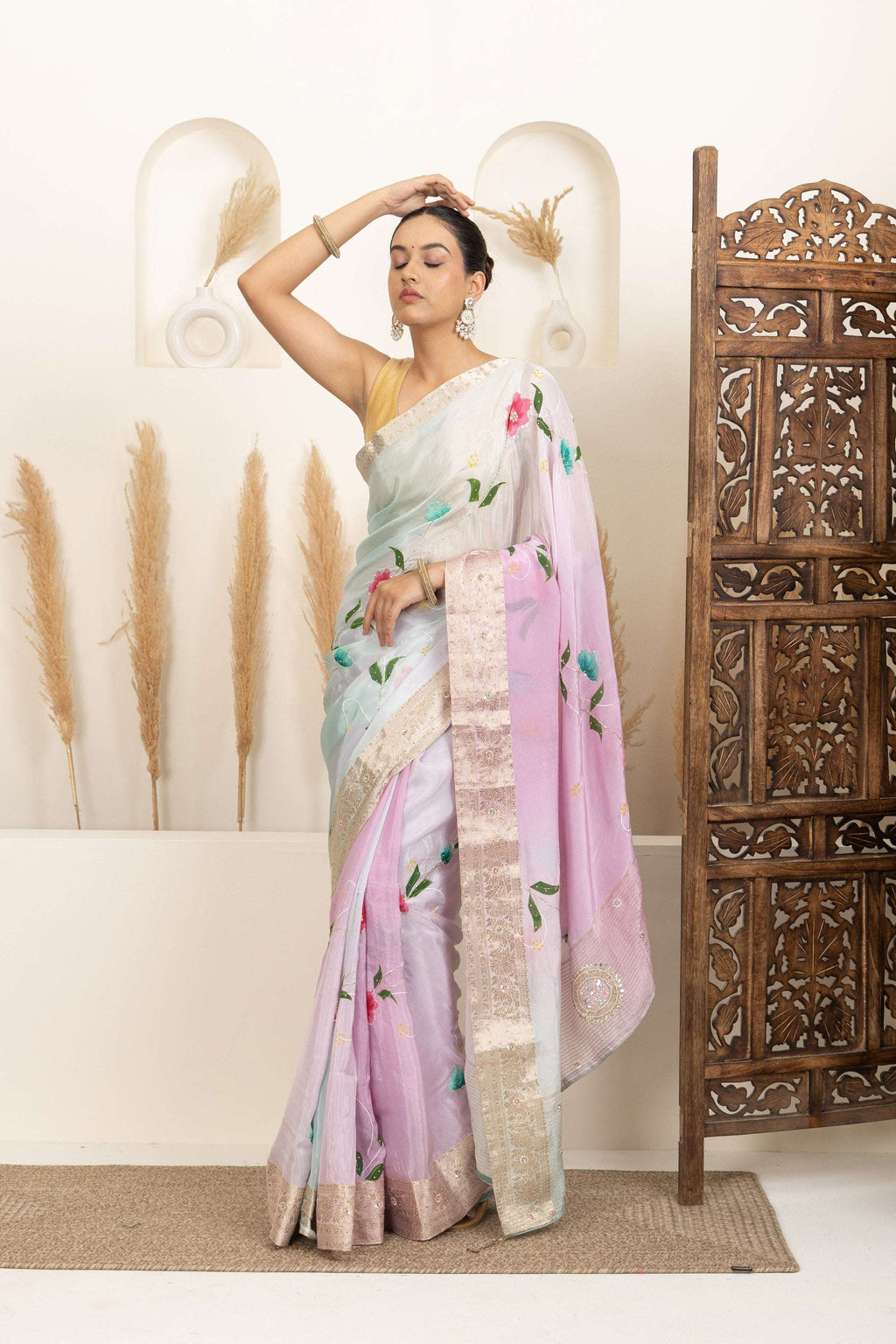 Pastel Organza Saree with Hand-Painted Floral Accents