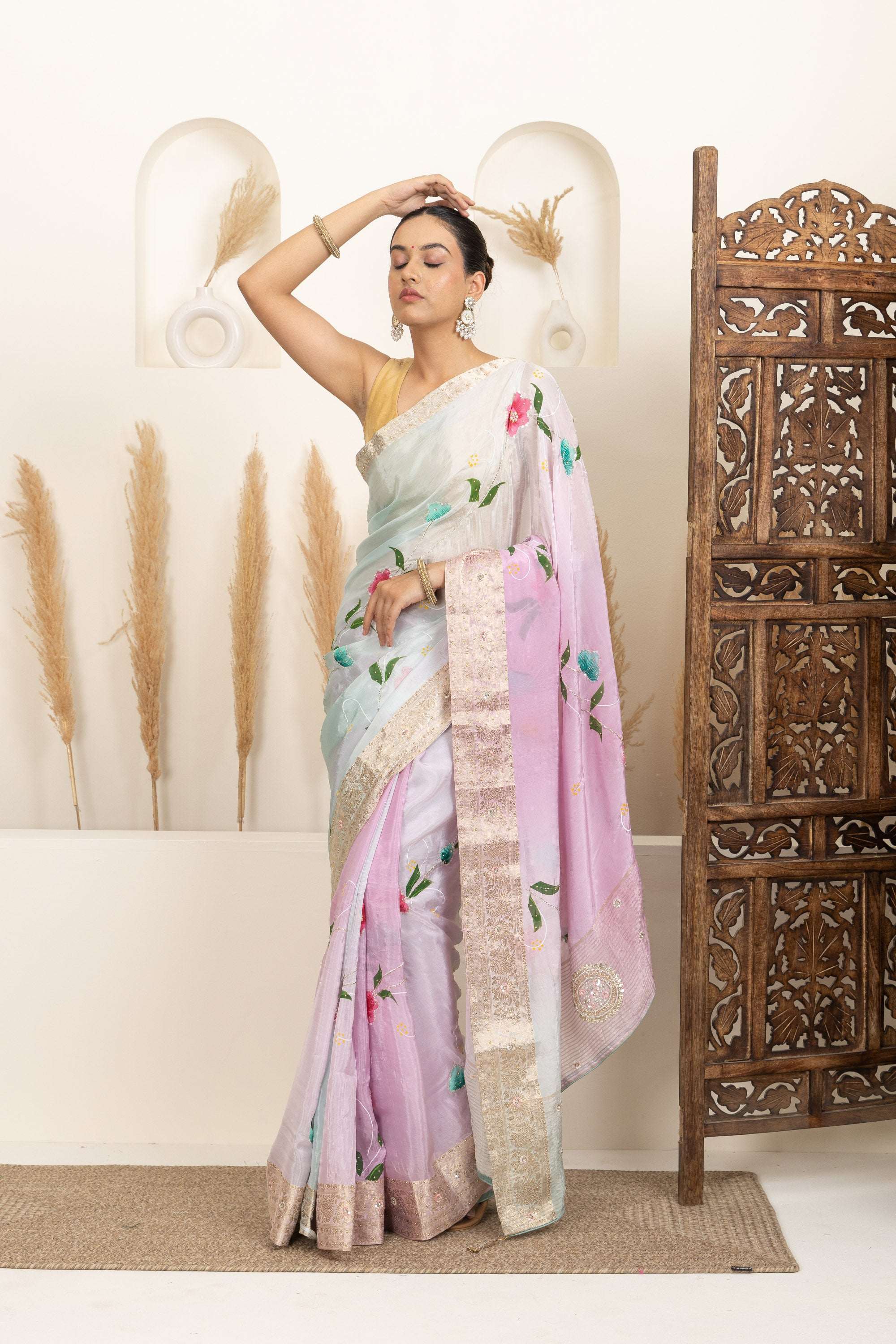Pastel Organza Saree with Hand-Painted Floral Accents
