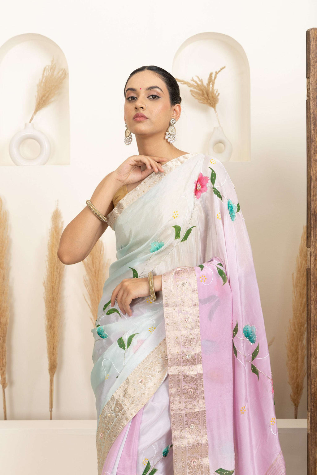 Pastel Organza Saree with Hand-Painted Floral Accents