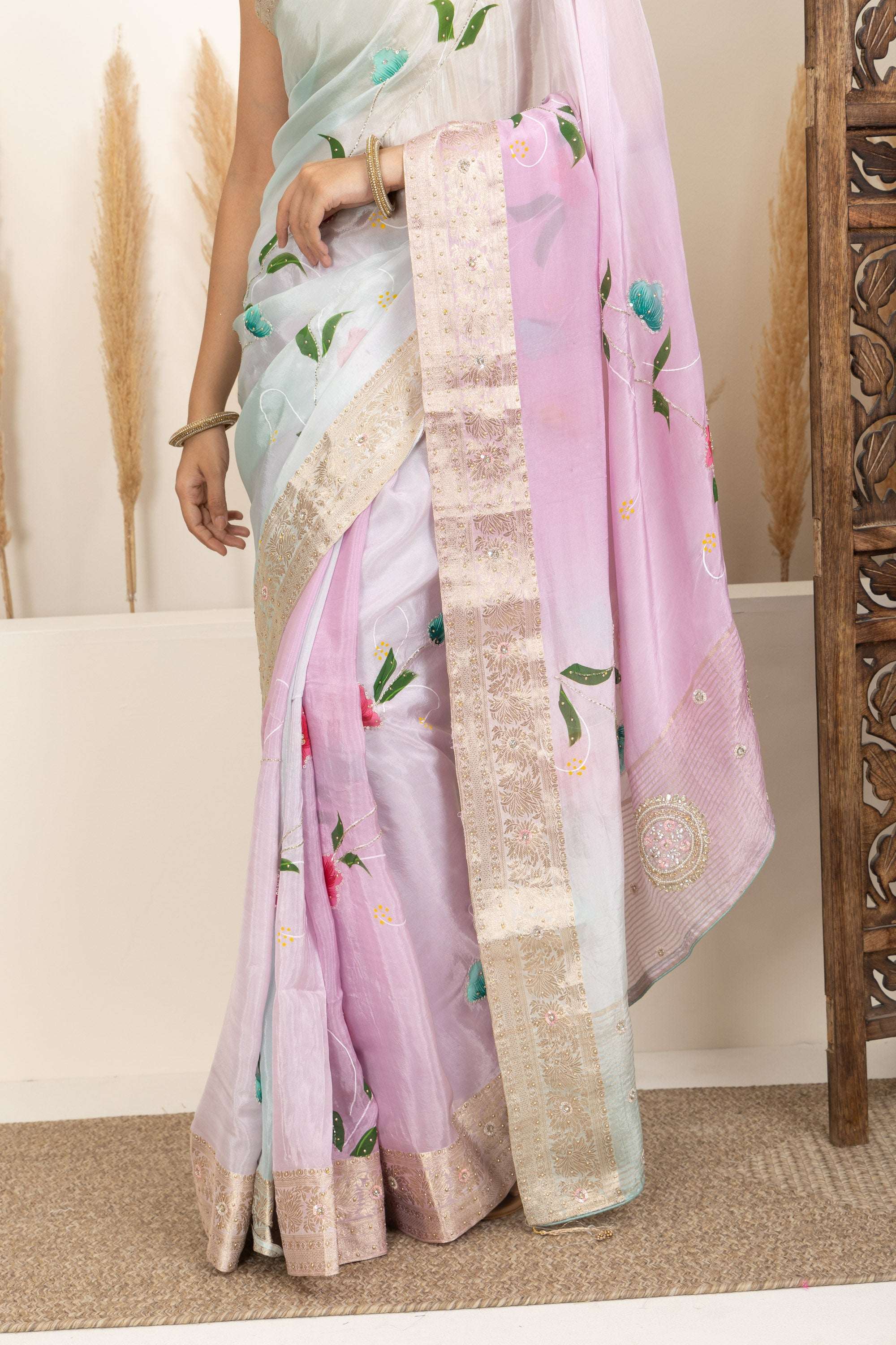 Pastel Organza Saree with Hand-Painted Floral Accents