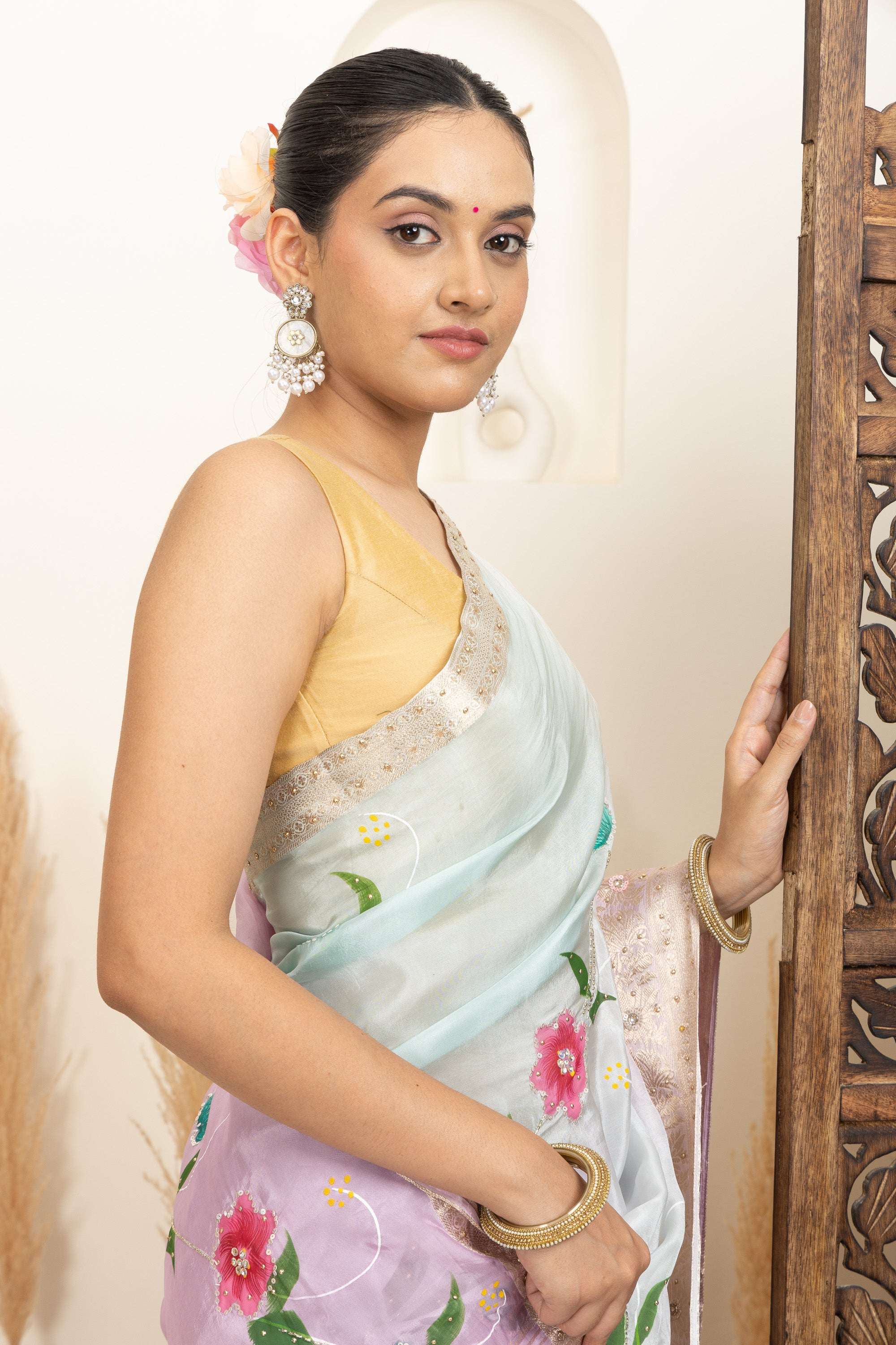 Pastel Organza Saree with Hand-Painted Floral Accents