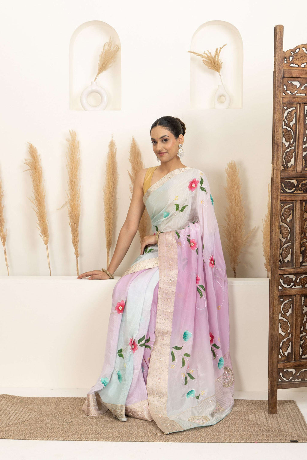 Pastel Organza Saree with Hand-Painted Floral Accents