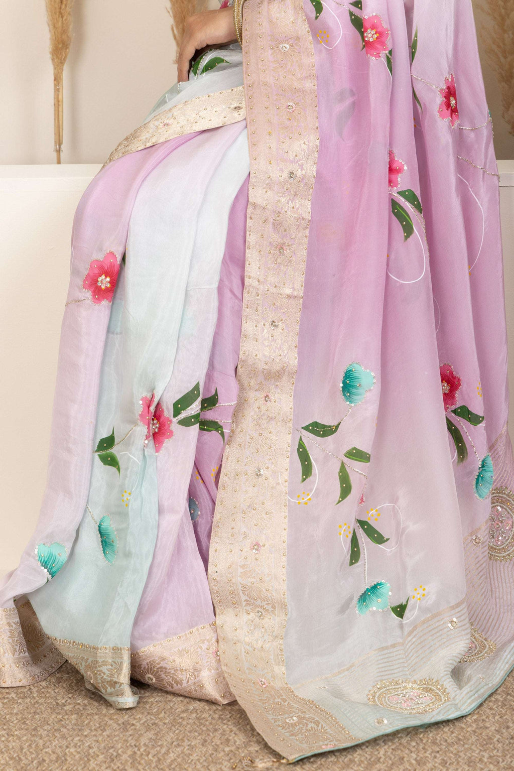 Pastel Organza Saree with Hand-Painted Floral Accents