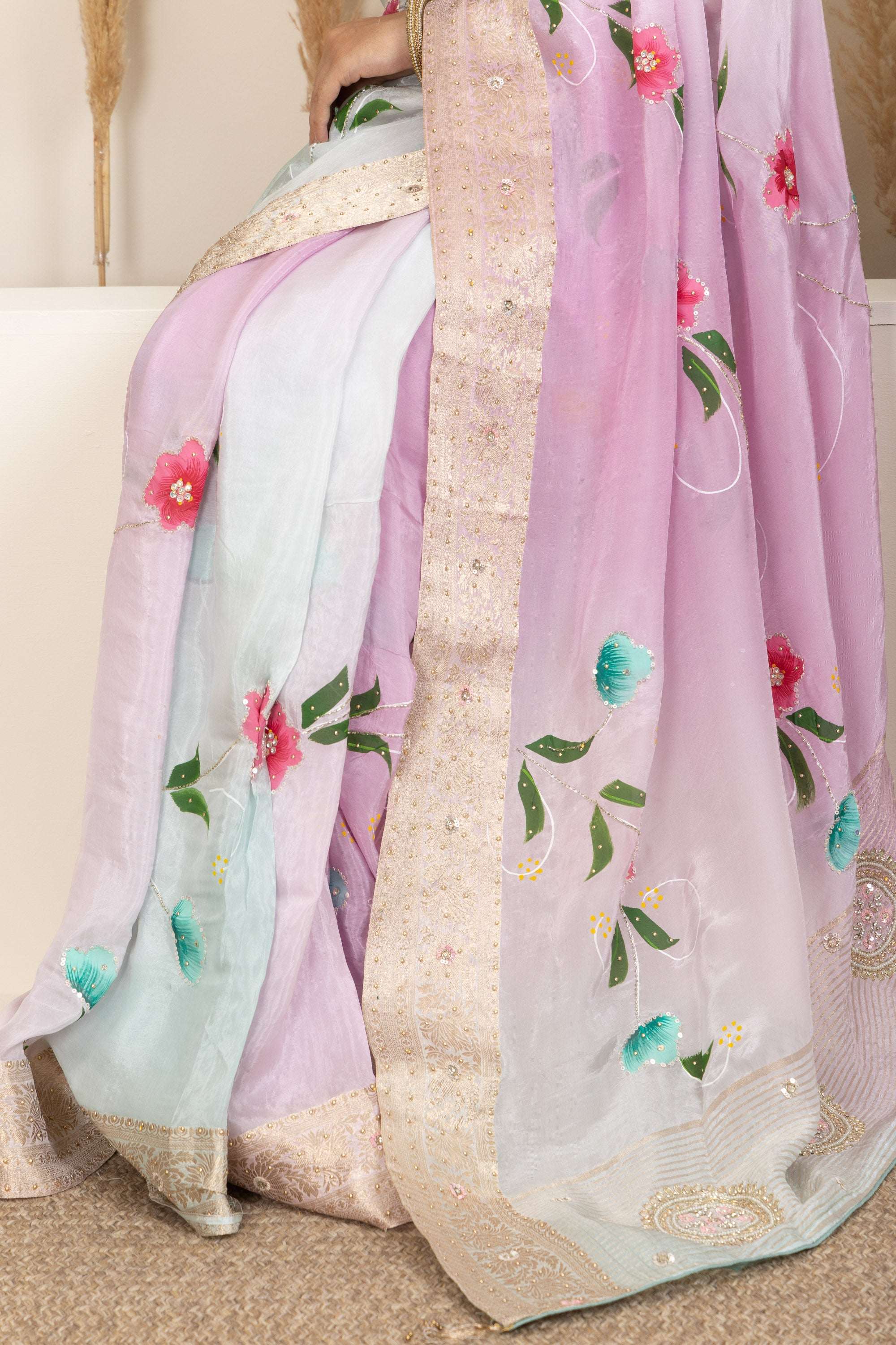 Pastel Organza Saree with Hand-Painted Floral Accents