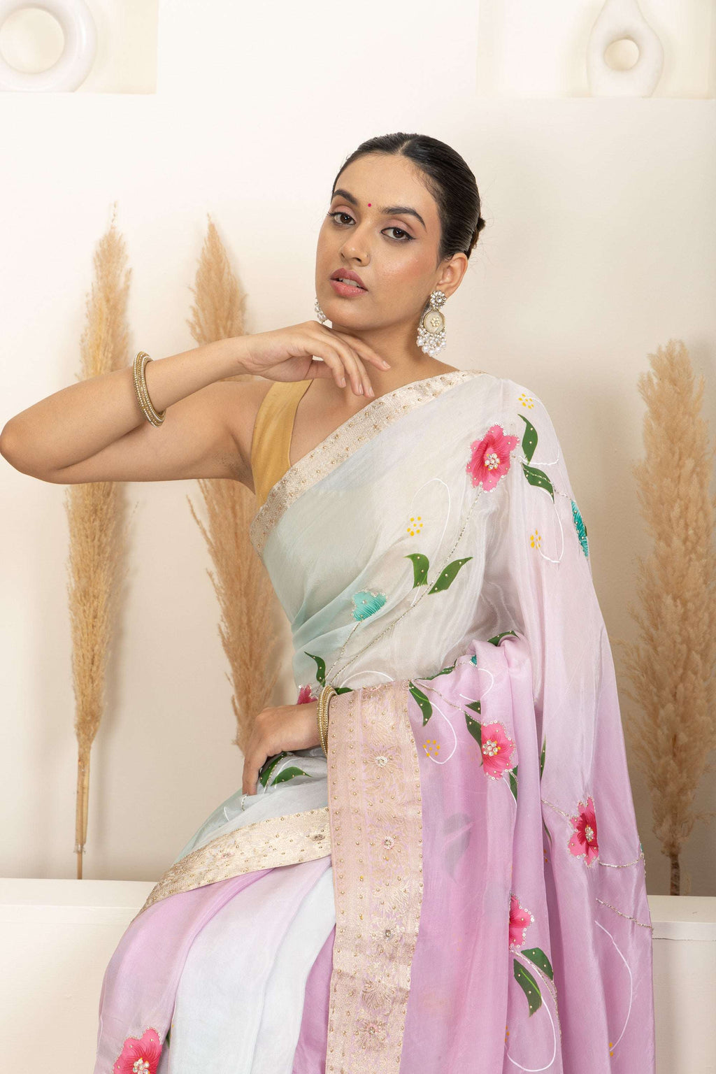 Pastel Organza Saree with Hand-Painted Floral Accents