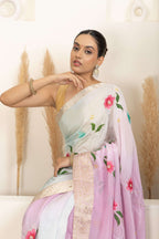 Pastel Organza Saree with Hand-Painted Floral Accents