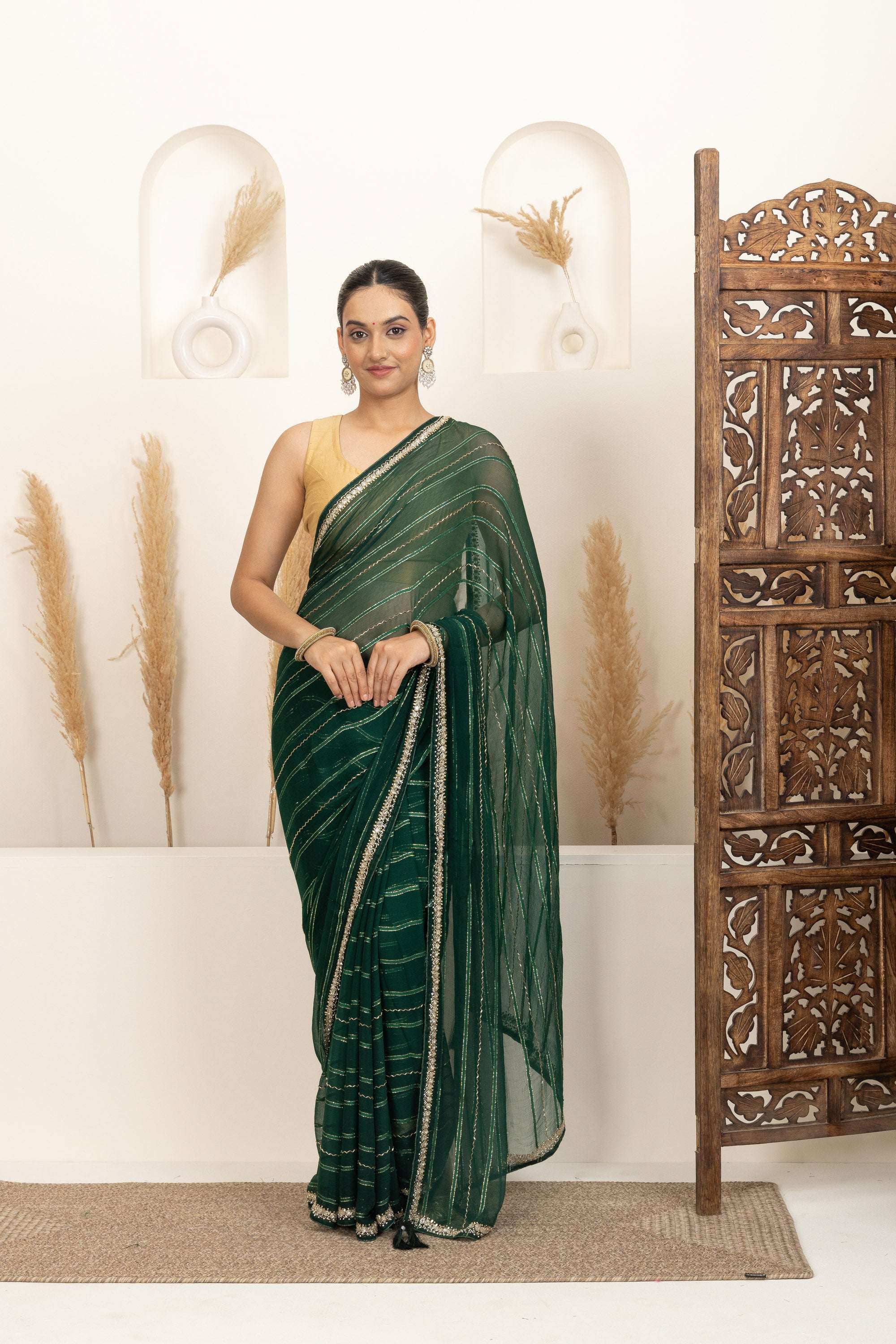 Emerald Green Saree with Subtle Gold Stripes