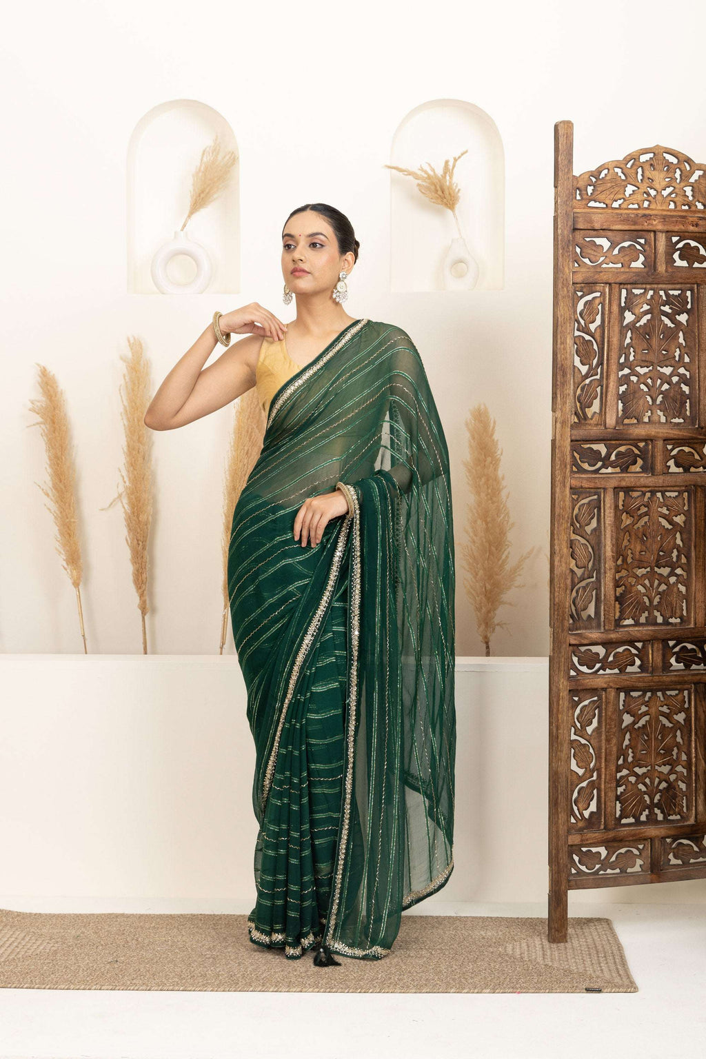 Emerald Green Saree with Subtle Gold Stripes