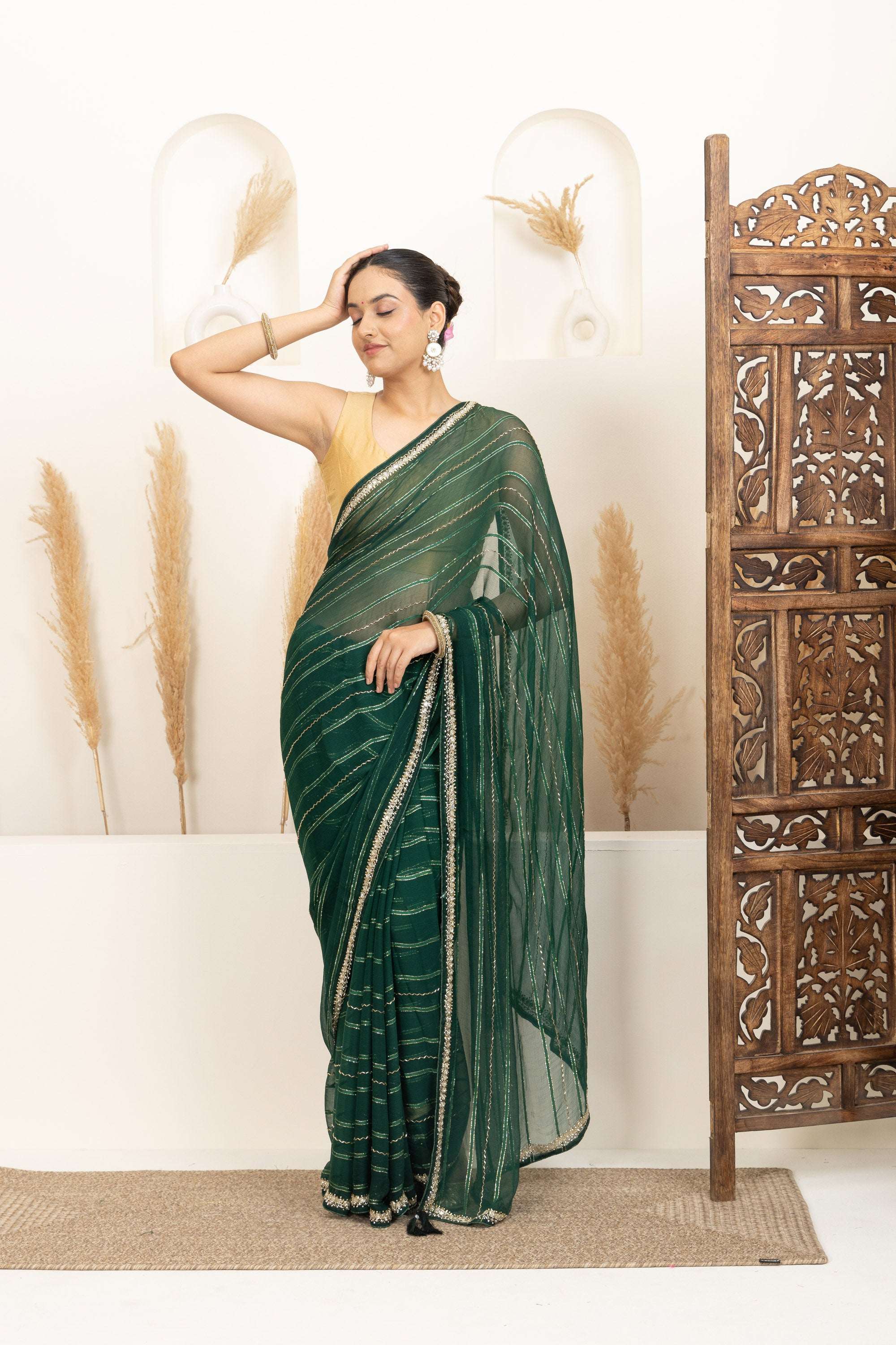 Emerald Green Saree with Subtle Gold Stripes