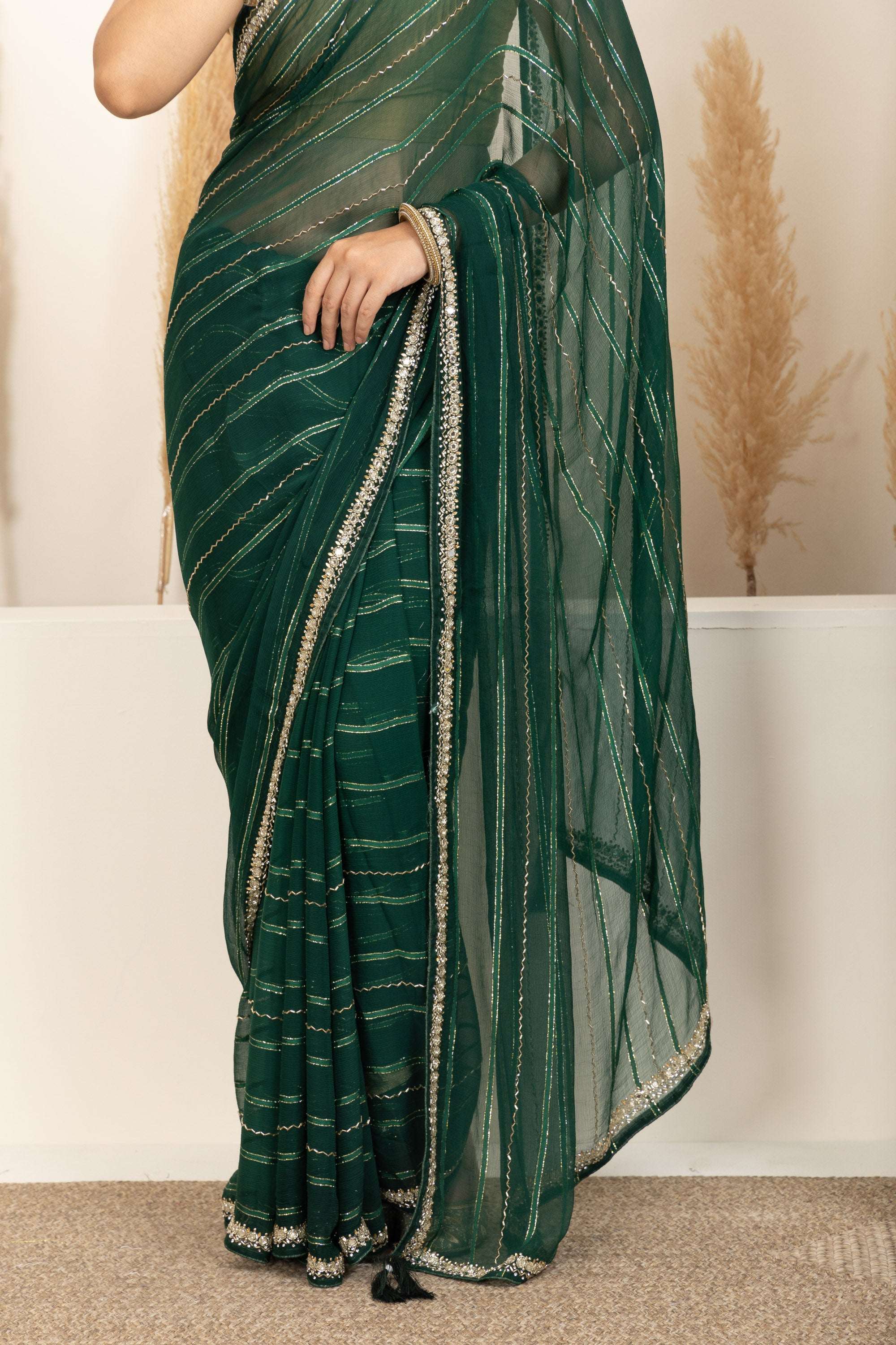 Emerald Green Saree with Subtle Gold Stripes