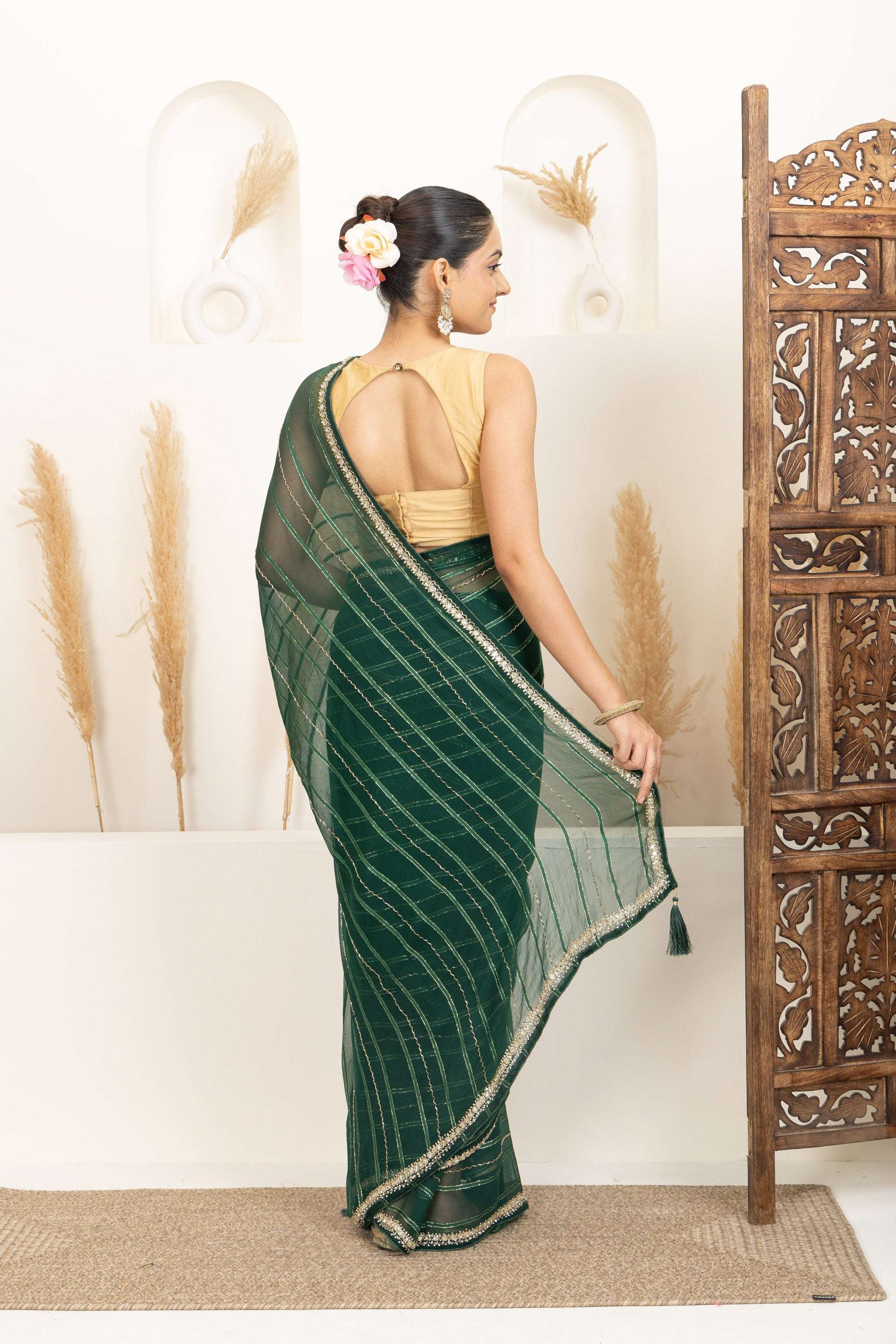 Emerald Green Saree with Subtle Gold Stripes