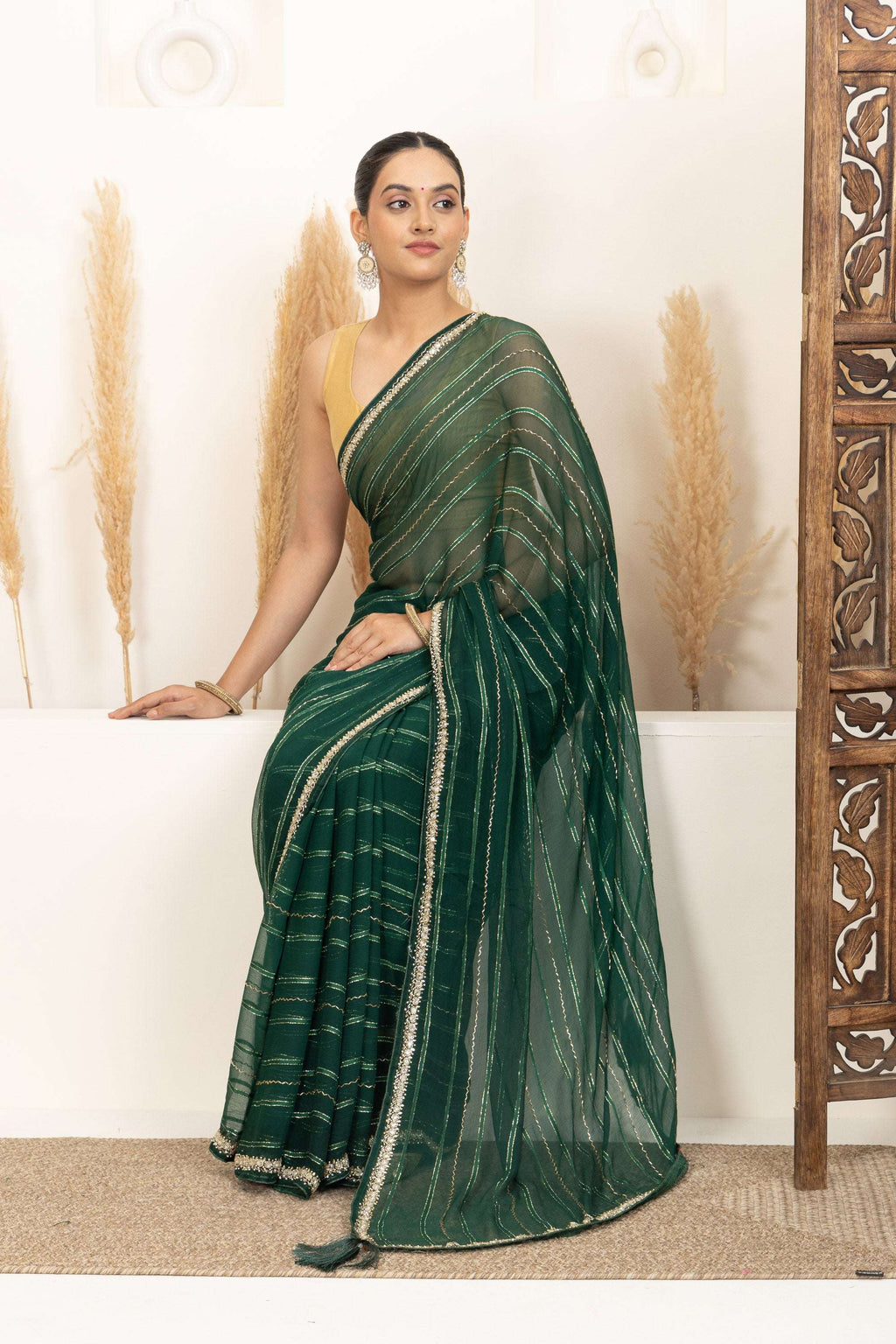 Emerald Green Saree with Subtle Gold Stripes