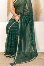 Emerald Green Saree with Subtle Gold Stripes