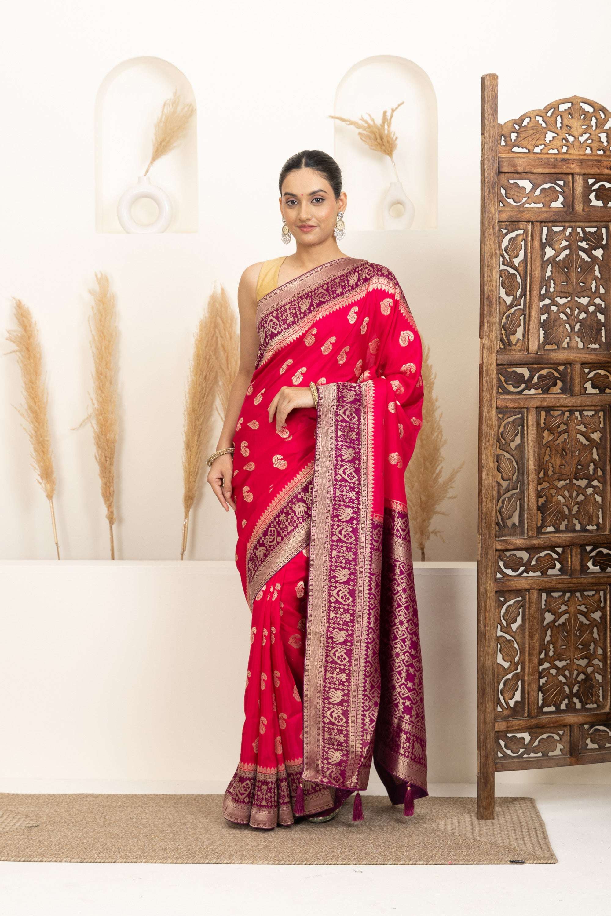 Rani Pink Saree with Purple & Gold Zari Detailing