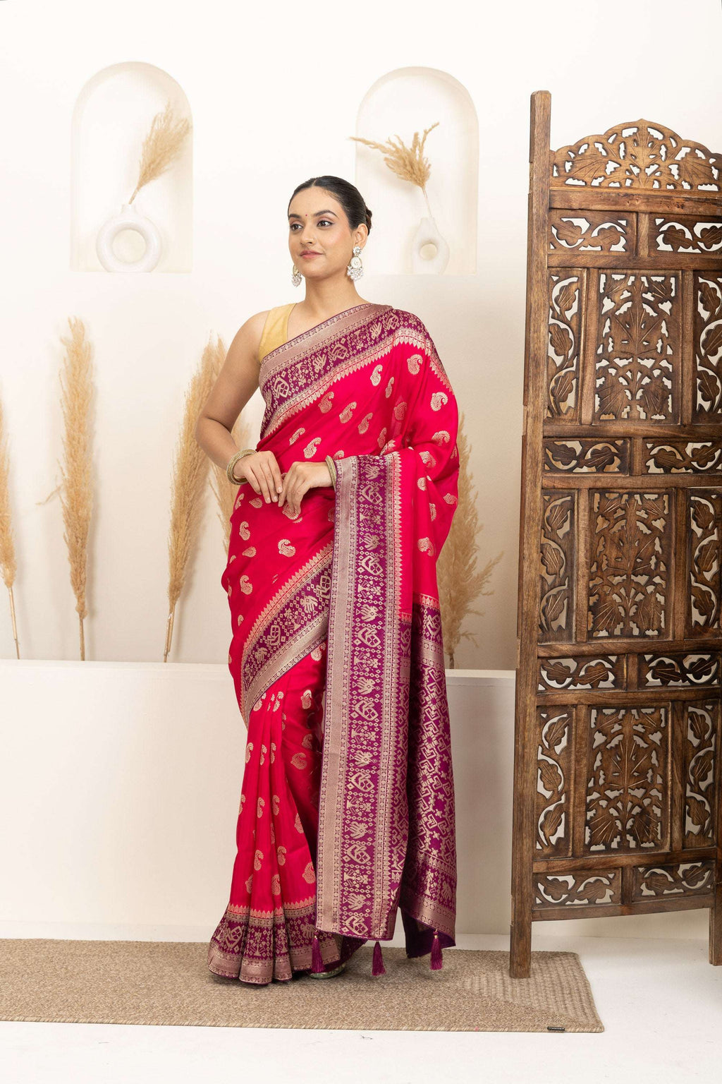 Rani Pink Saree with Purple & Gold Zari Detailing