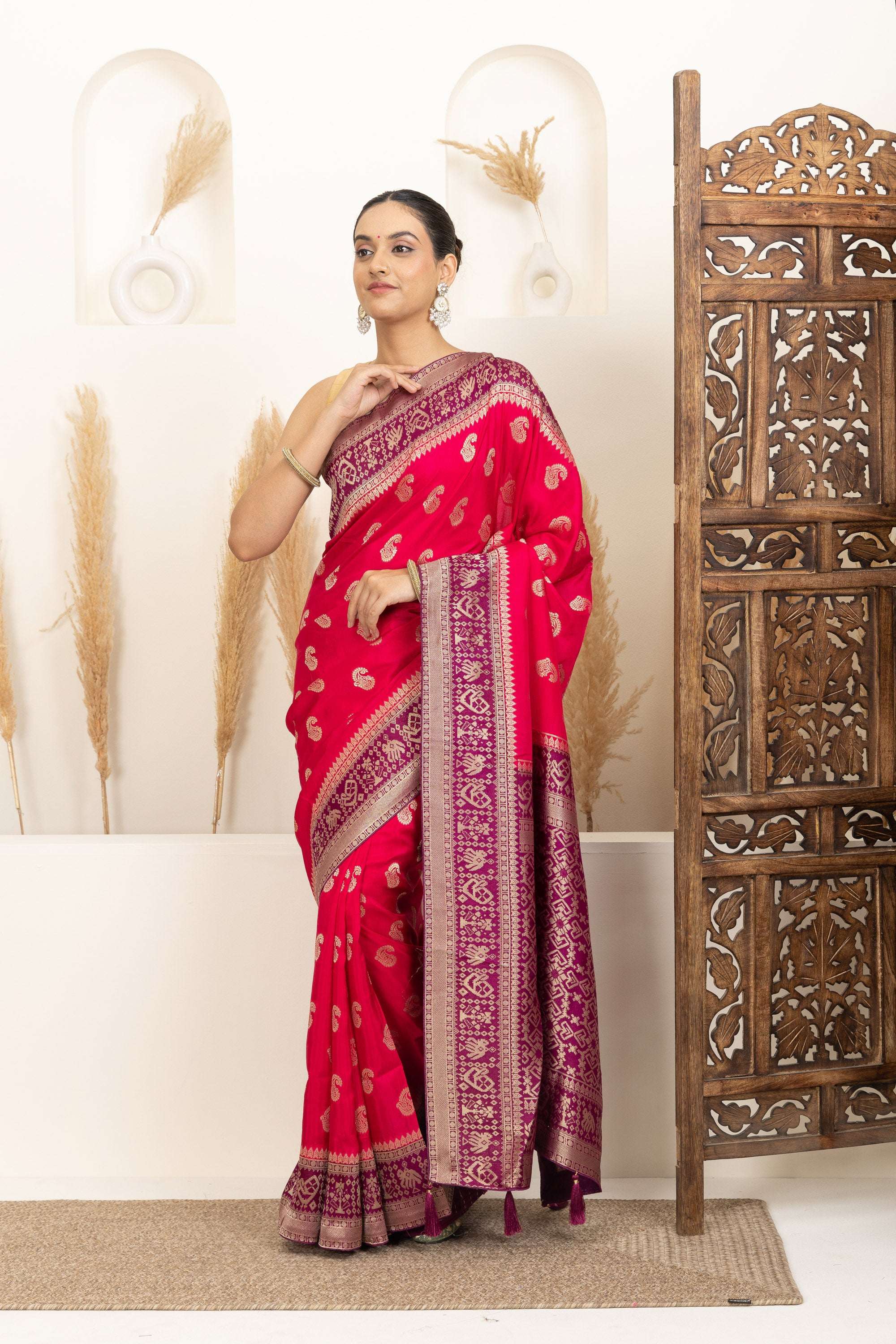 Rani Pink Saree with Purple & Gold Zari Detailing
