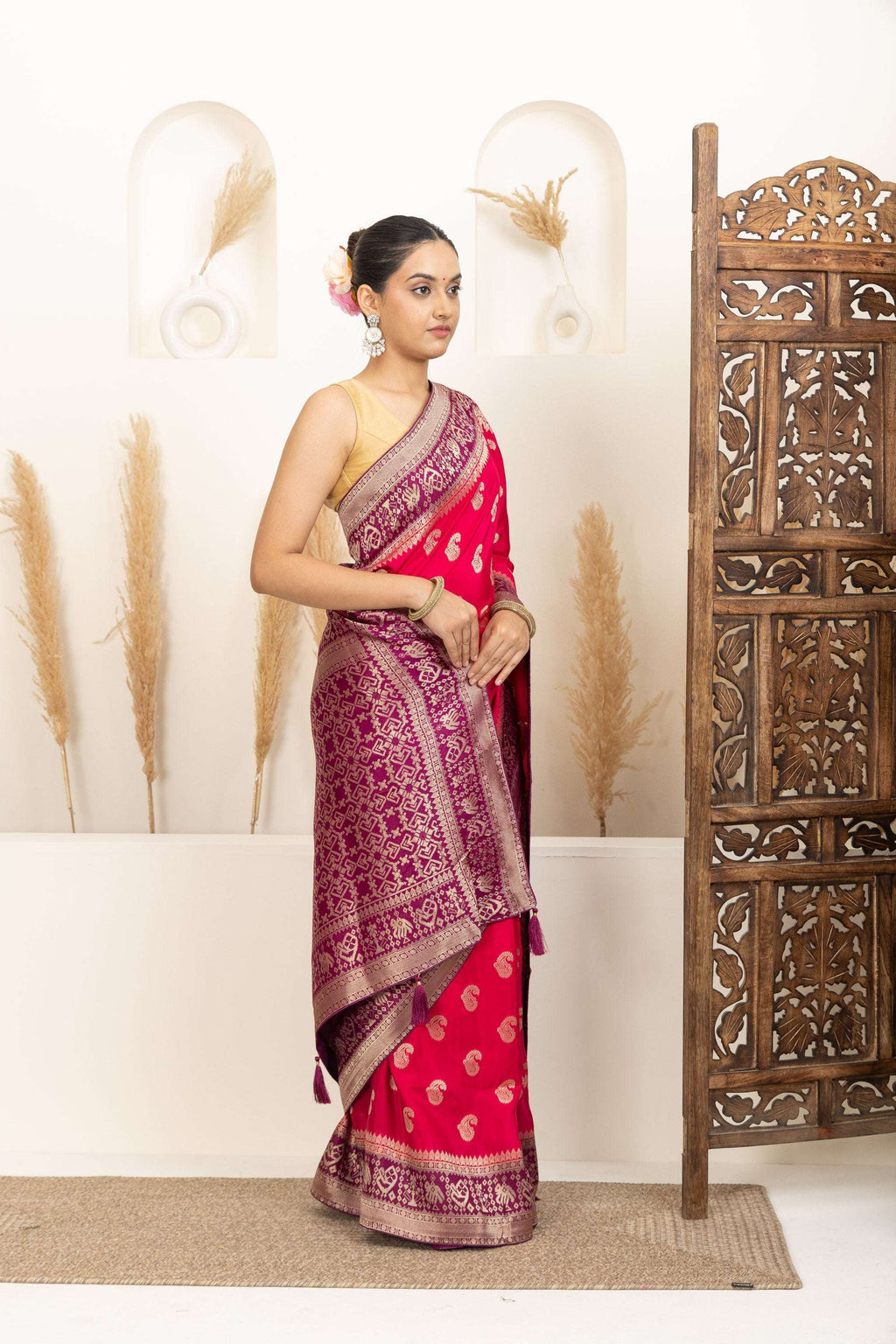 Rani Pink Saree with Purple & Gold Zari Detailing