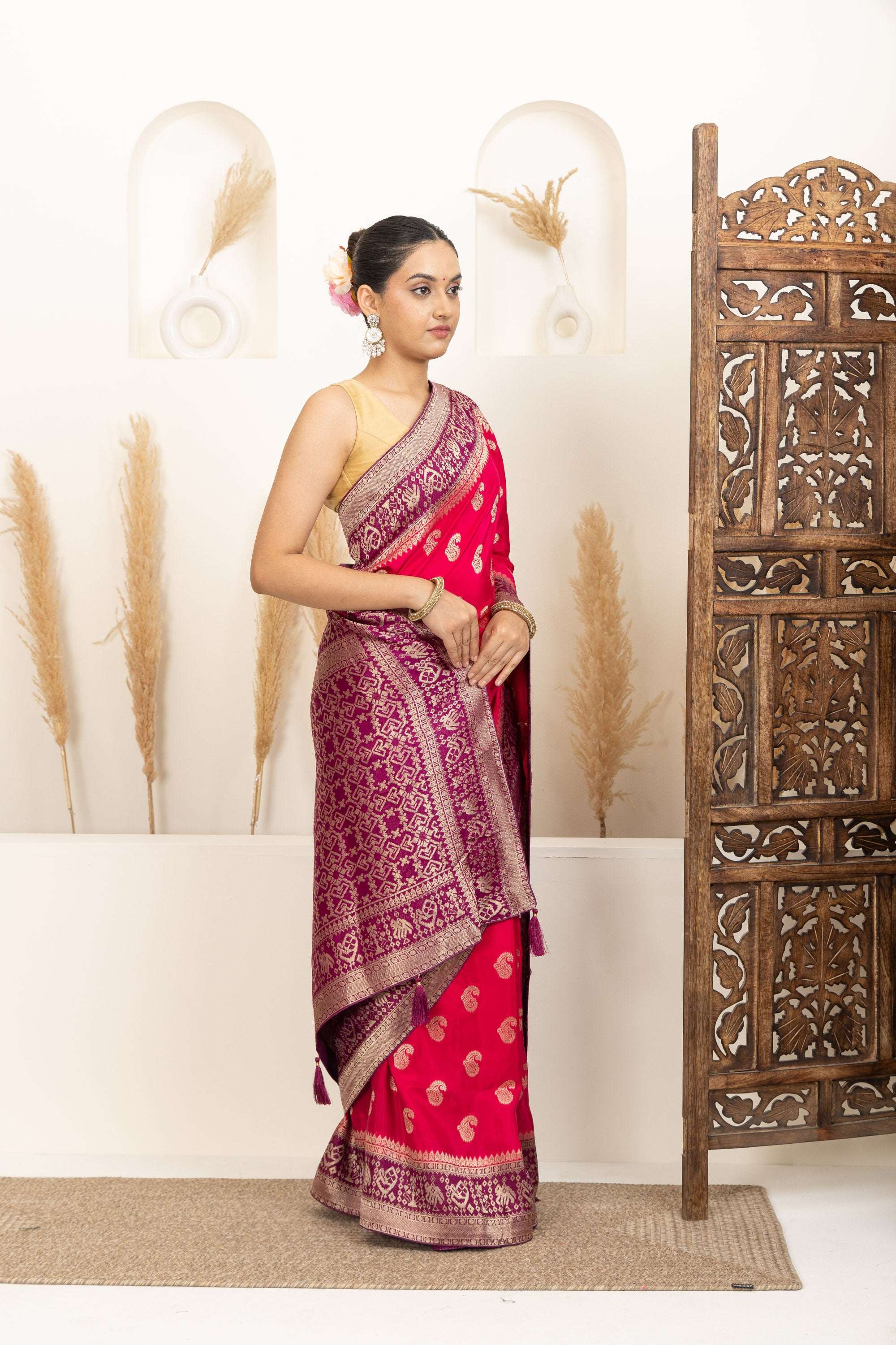Rani Pink Saree with Purple & Gold Zari Detailing