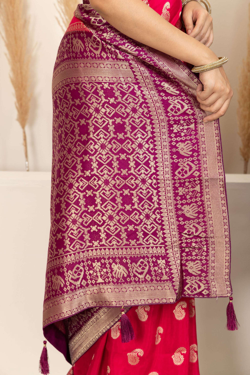Rani Pink Saree with Purple & Gold Zari Detailing