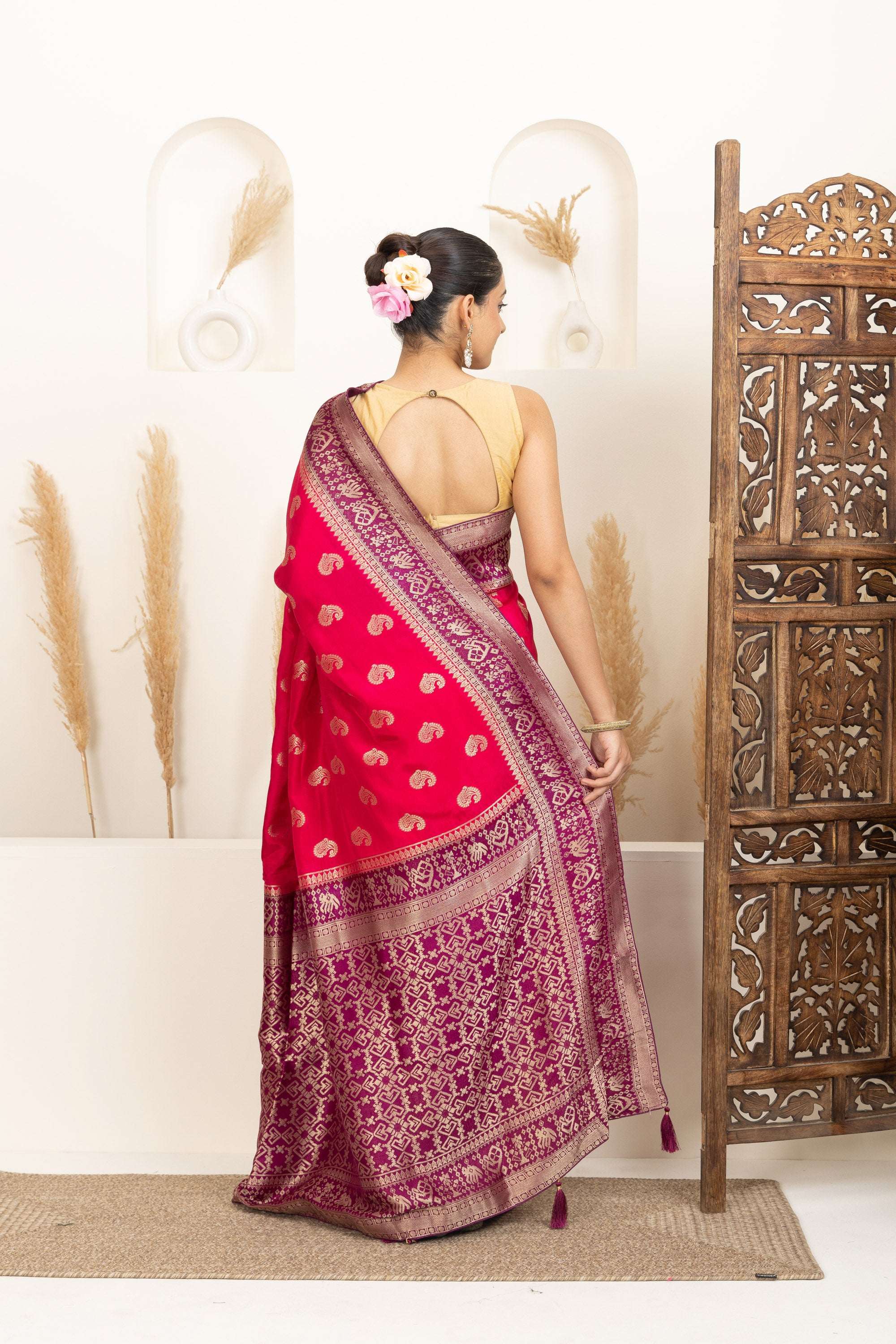 Rani Pink Saree with Purple & Gold Zari Detailing