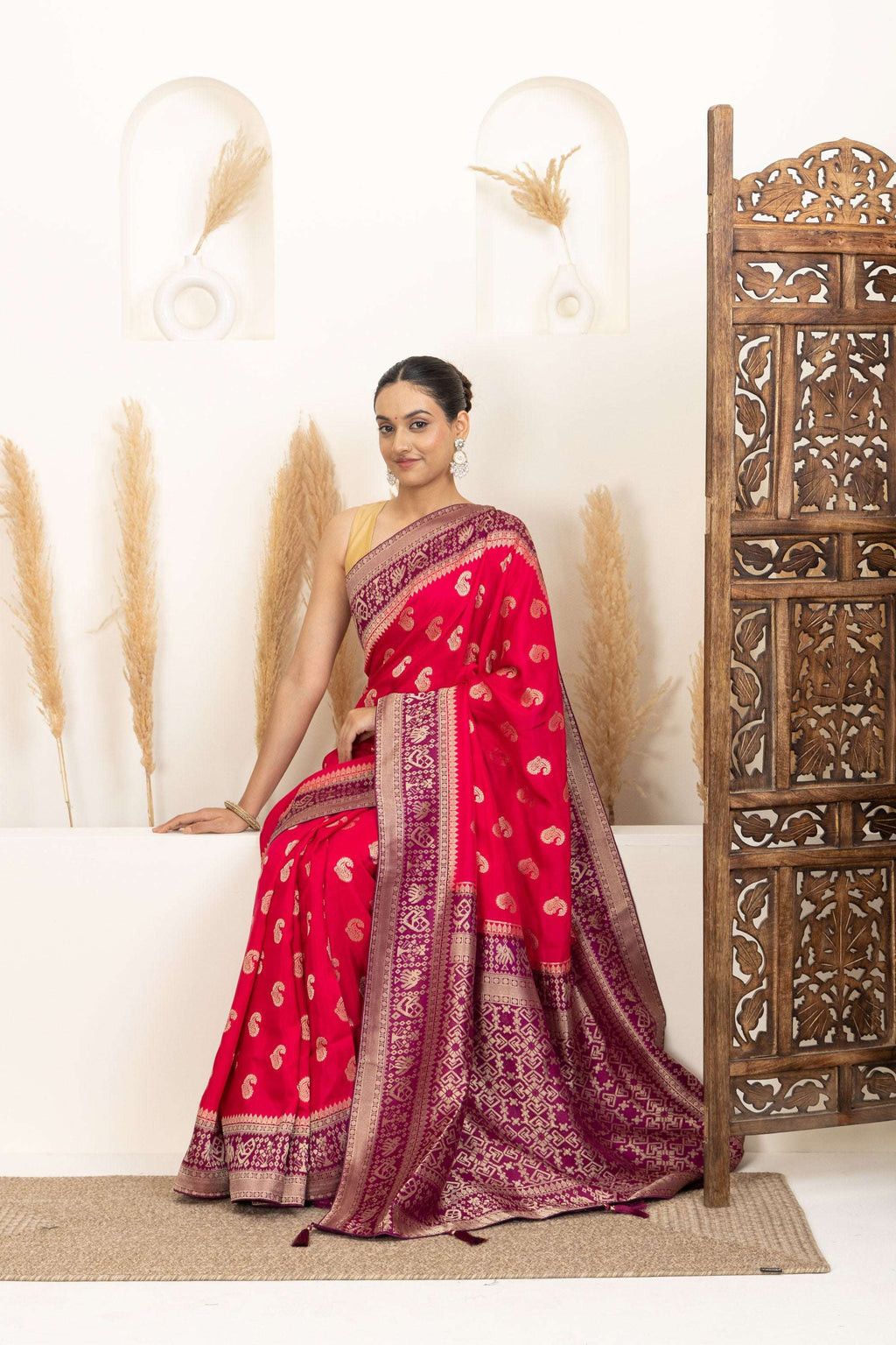 Rani Pink Saree with Purple & Gold Zari Detailing
