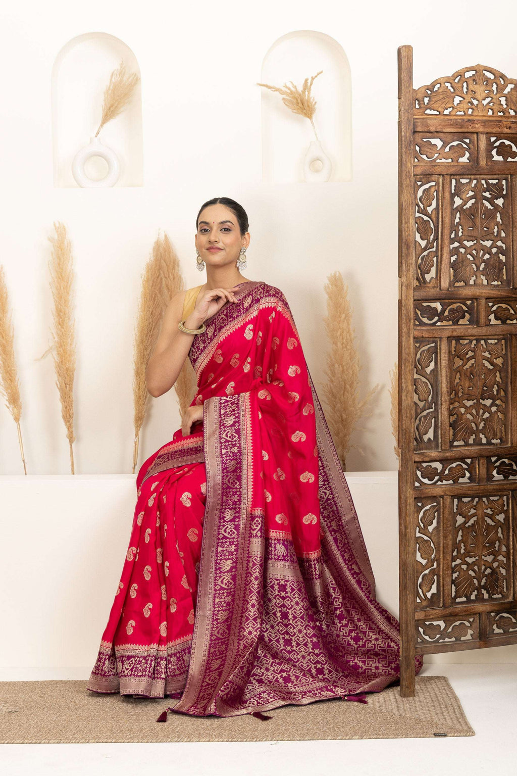 Rani Pink Saree with Purple & Gold Zari Detailing