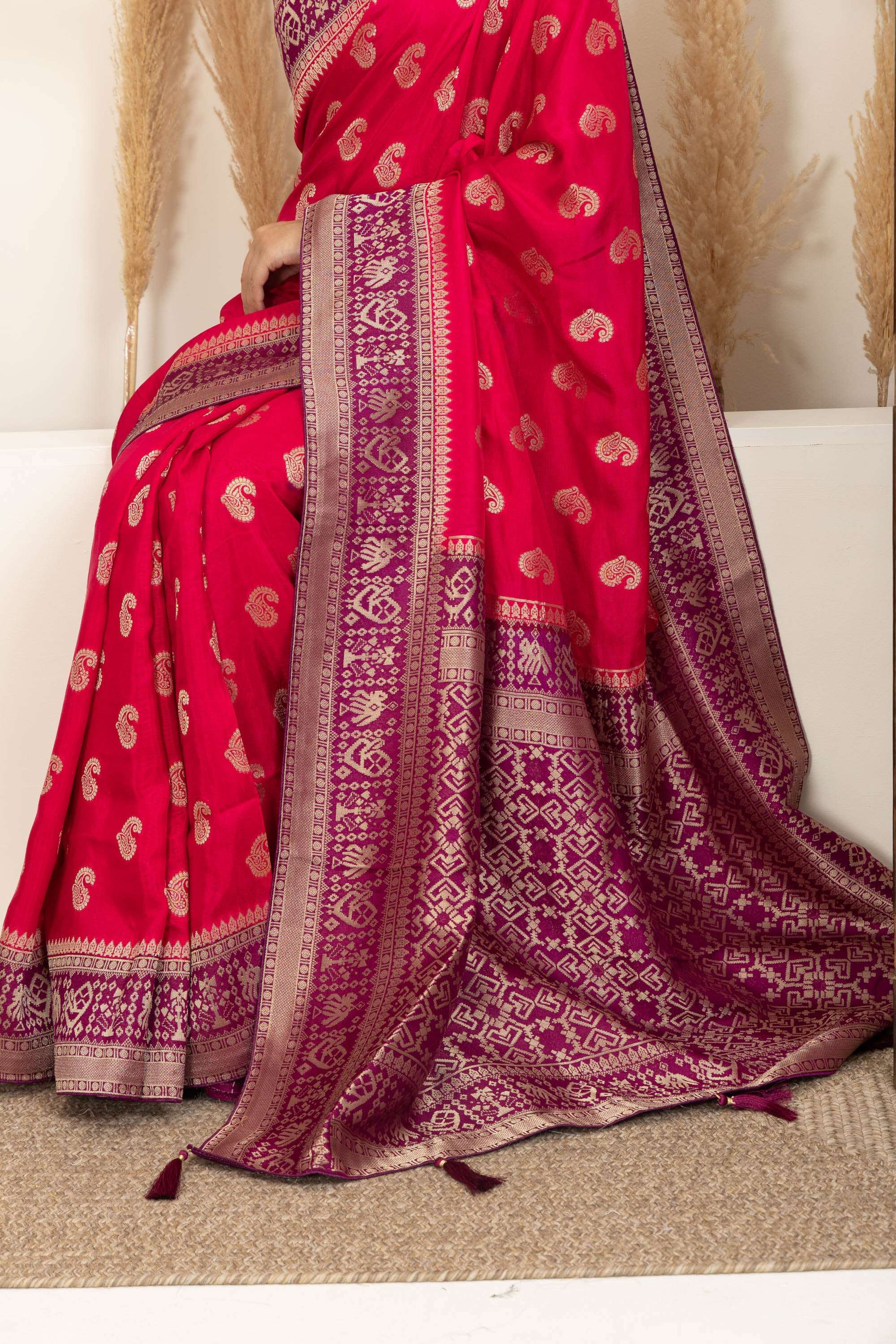 Rani Pink Saree with Purple & Gold Zari Detailing