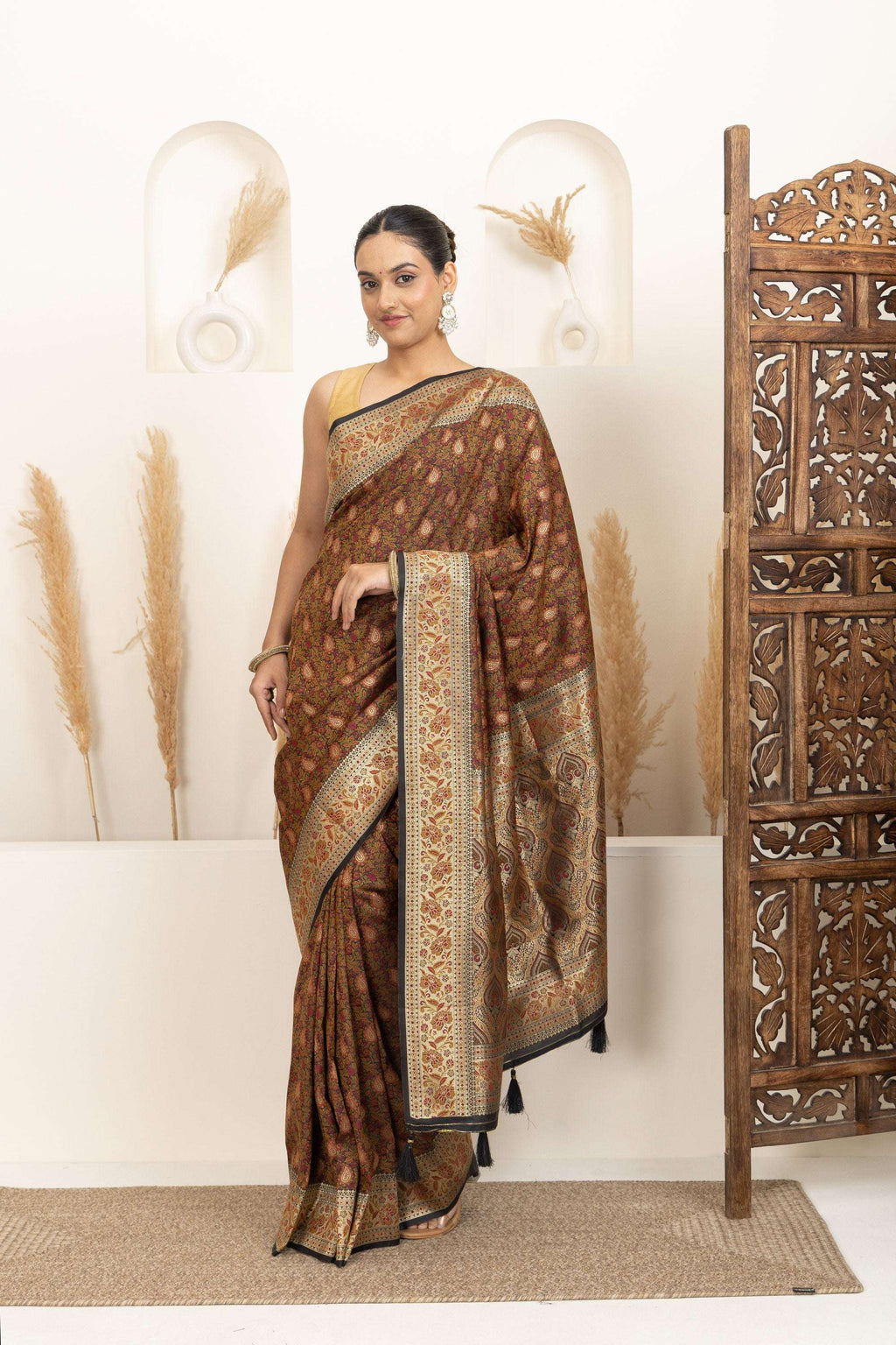 Earthy Brown Saree with Multicolour Woven Detailing