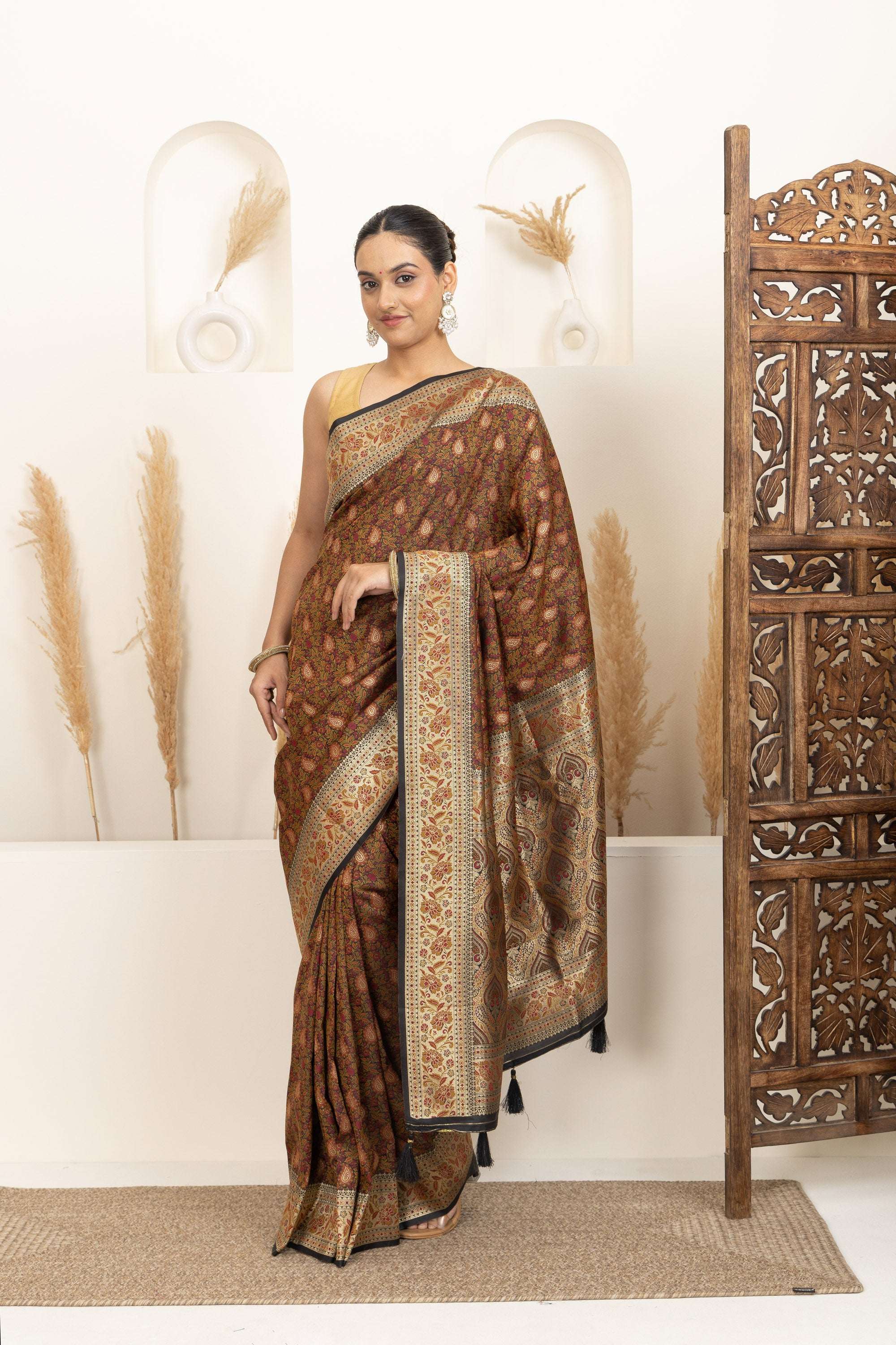 Earthy Brown Saree with Multicolour Woven Detailing