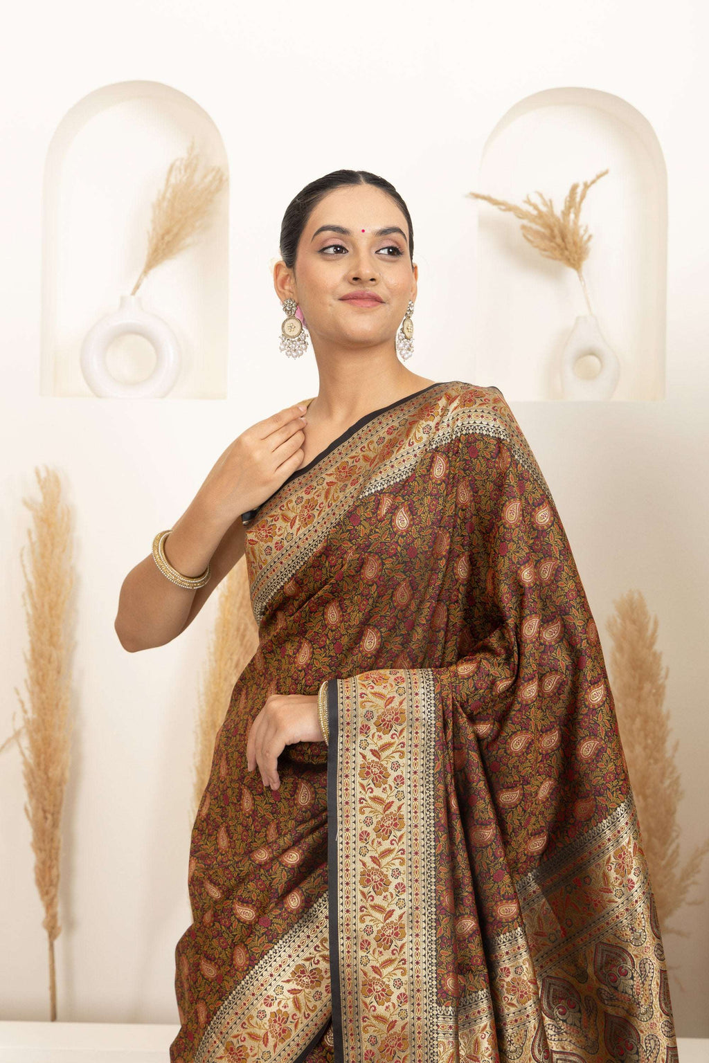 Earthy Brown Saree with Multicolour Woven Detailing
