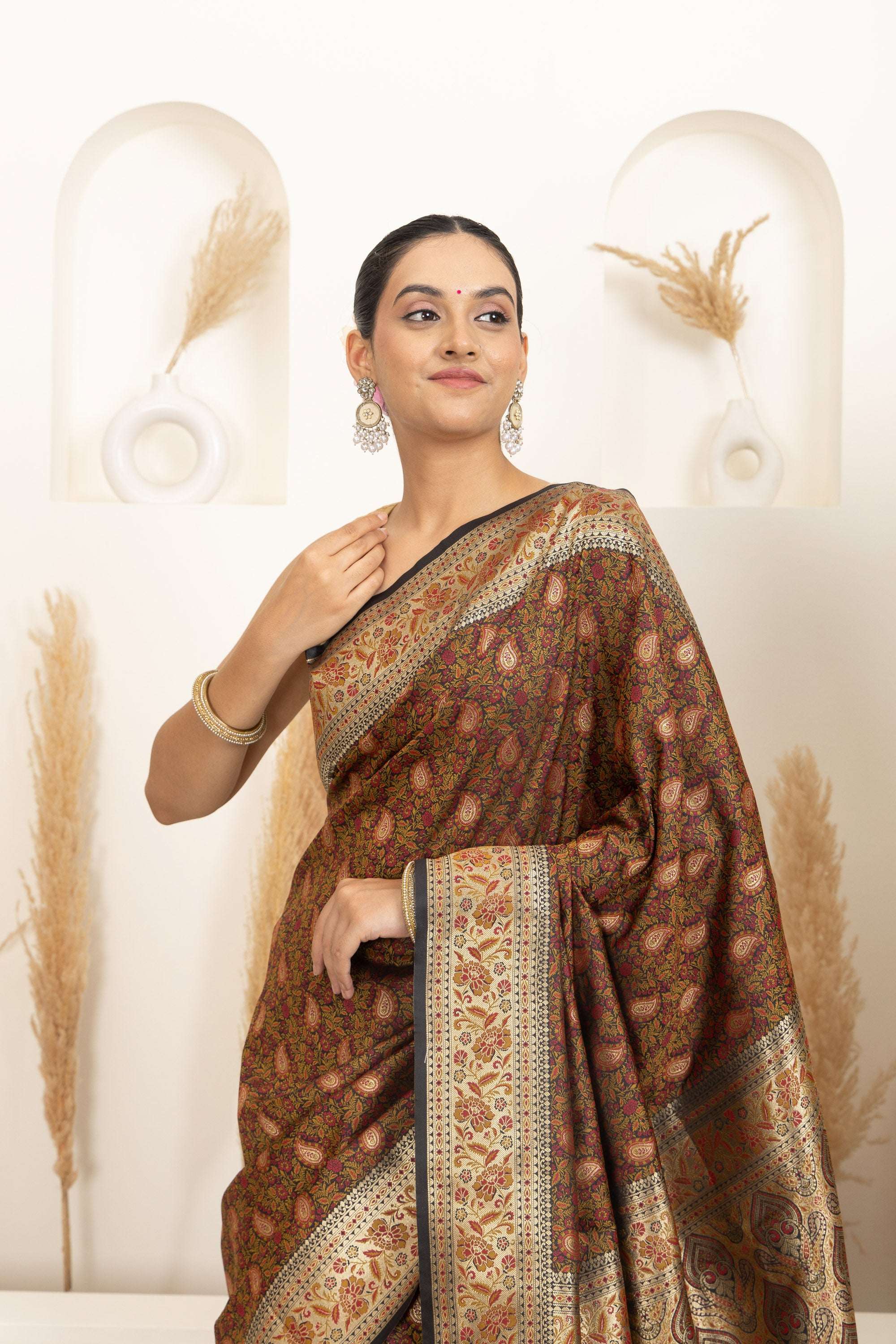 Earthy Brown Saree with Multicolour Woven Detailing