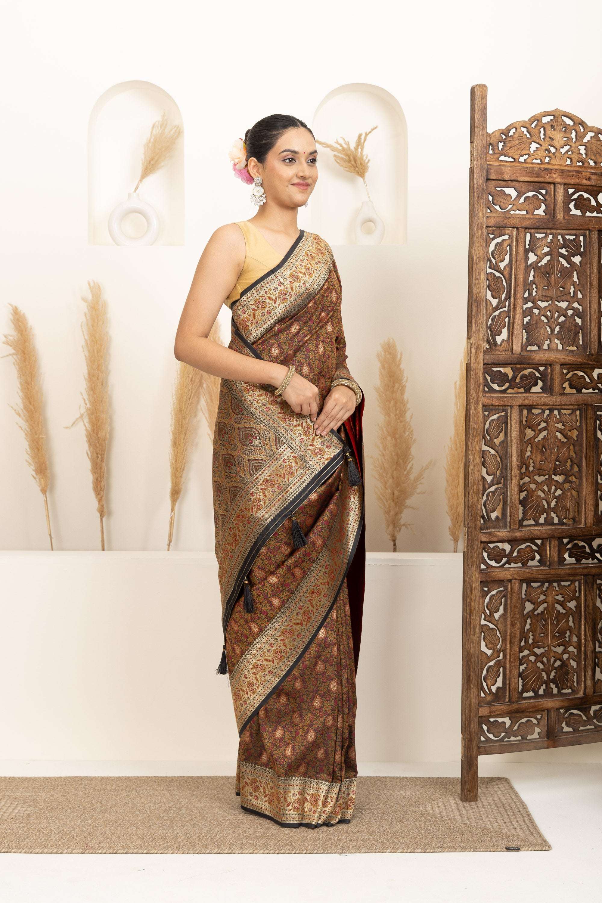 Earthy Brown Saree with Multicolour Woven Detailing