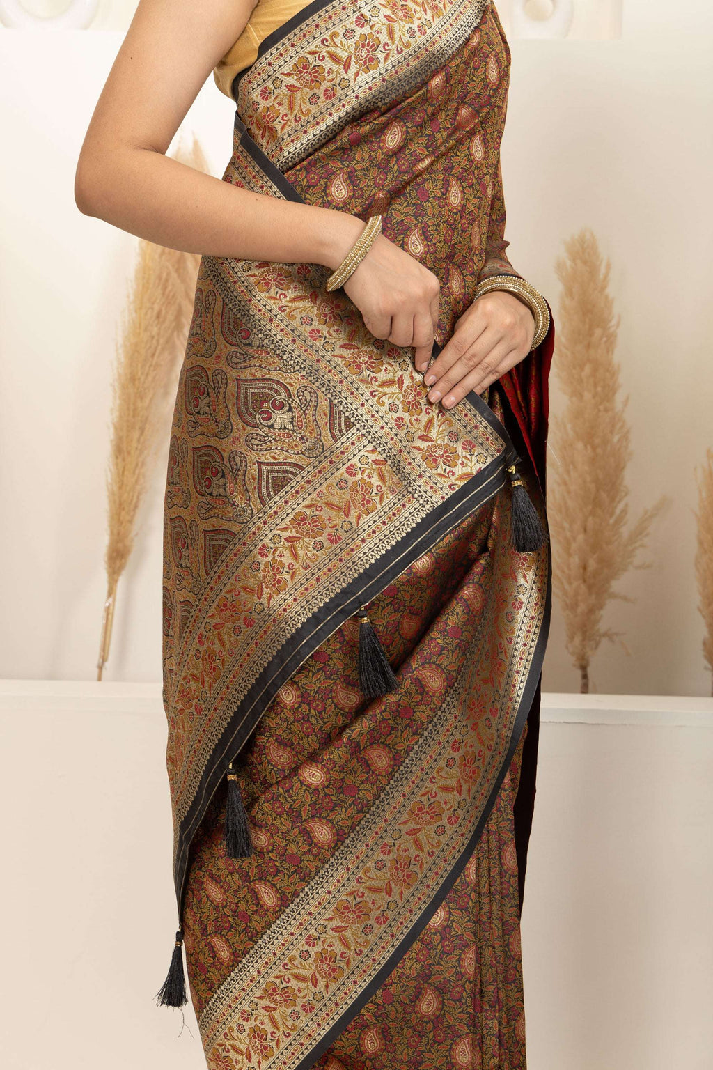 Earthy Brown Saree with Multicolour Woven Detailing