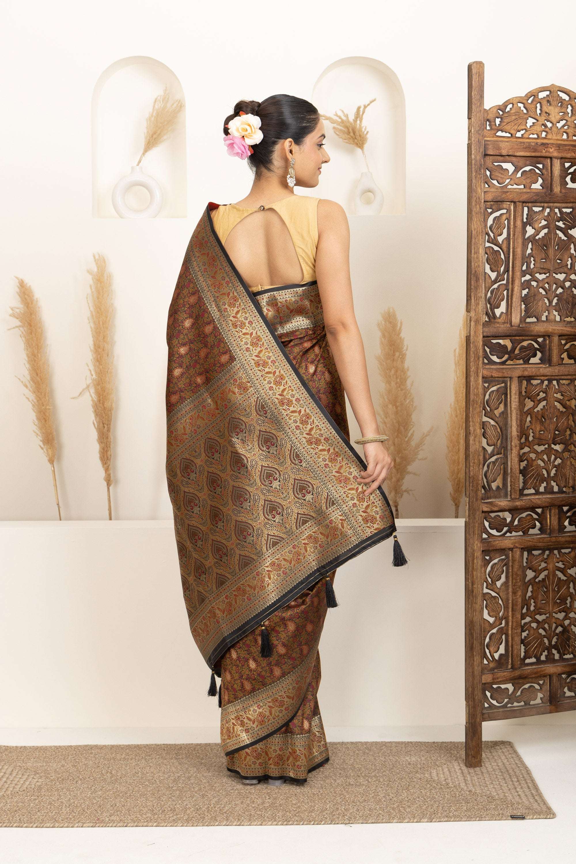 Earthy Brown Saree with Multicolour Woven Detailing