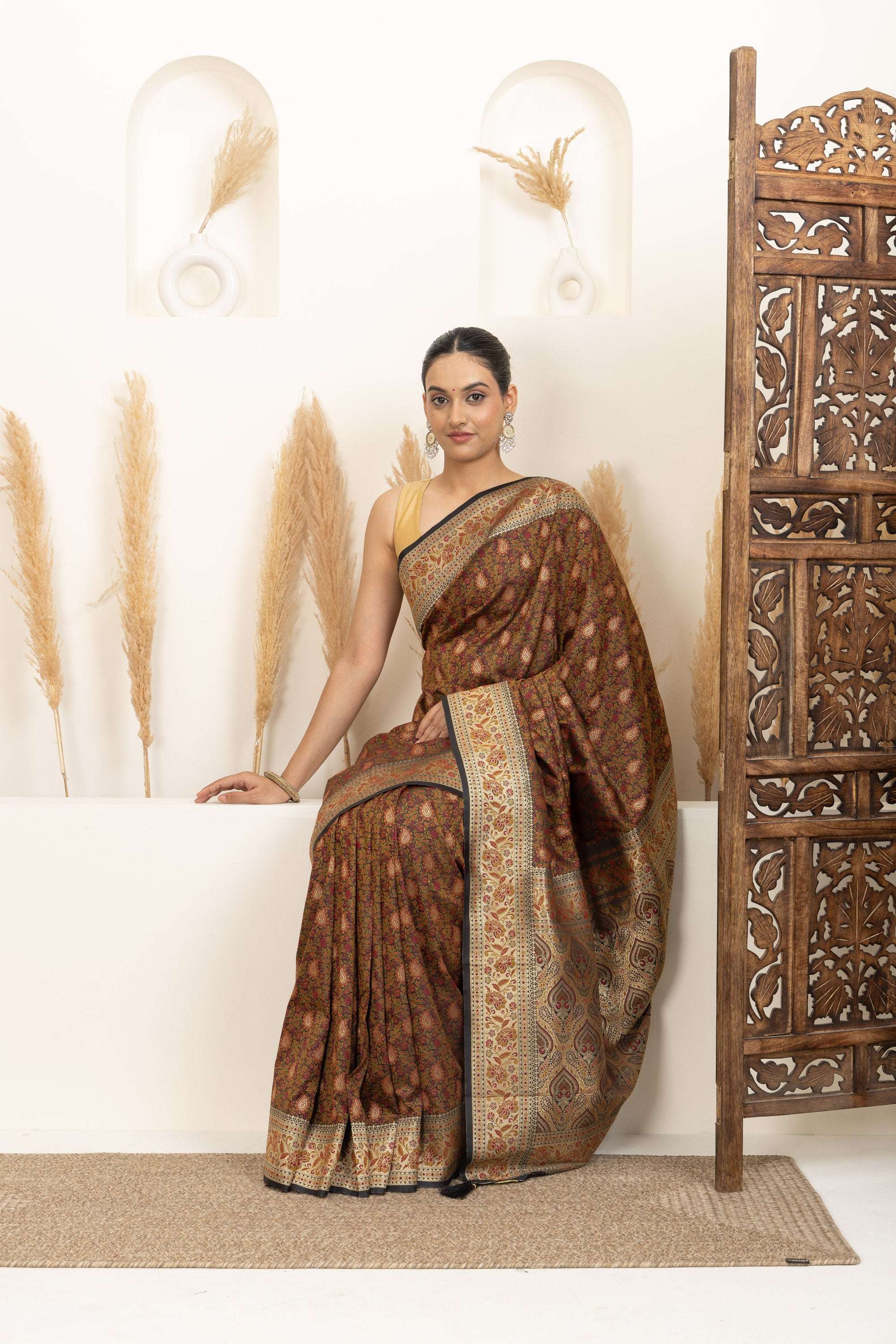 Earthy Brown Saree with Multicolour Woven Detailing