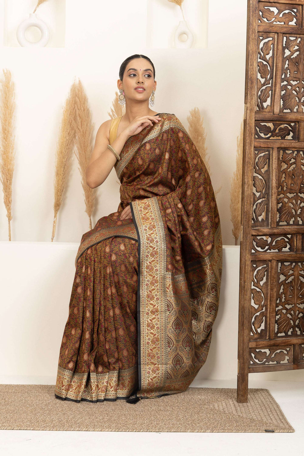 Earthy Brown Saree with Multicolour Woven Detailing