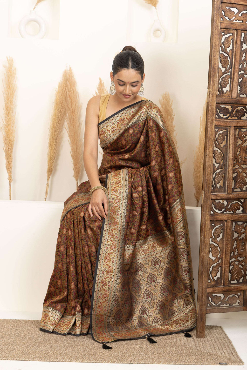 Earthy Brown Saree with Multicolour Woven Detailing