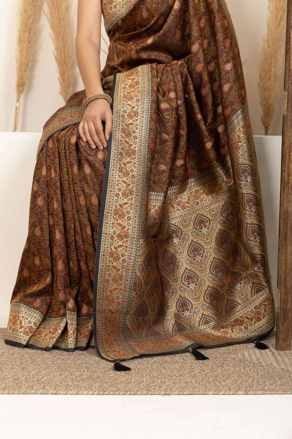Earthy Brown Saree with Multicolour Woven Detailing
