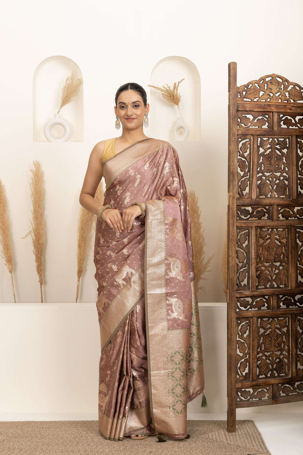 Dusty Rose Saree with Soft Gold Zari Detailing