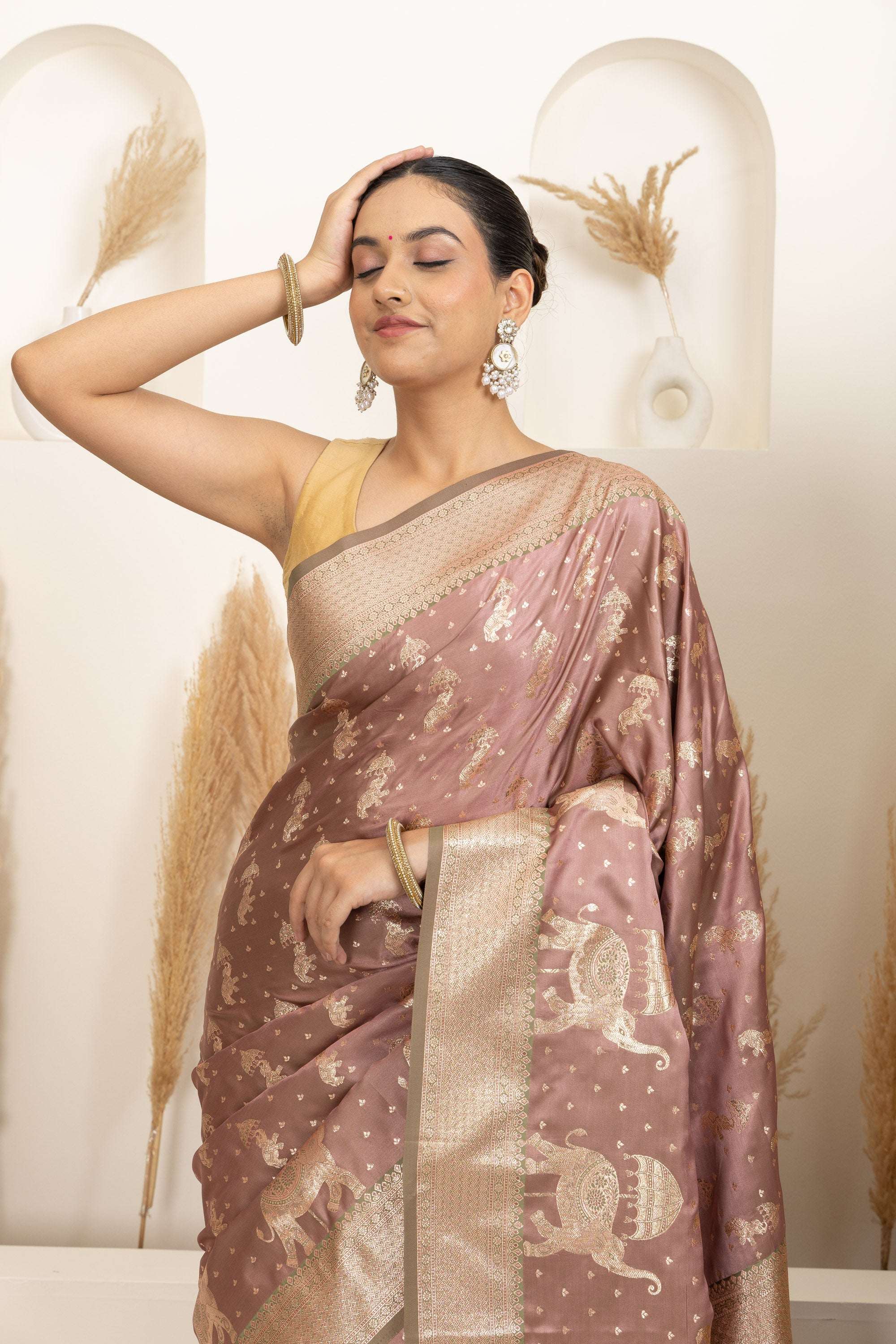 Dusty Rose Saree with Soft Gold Zari Detailing