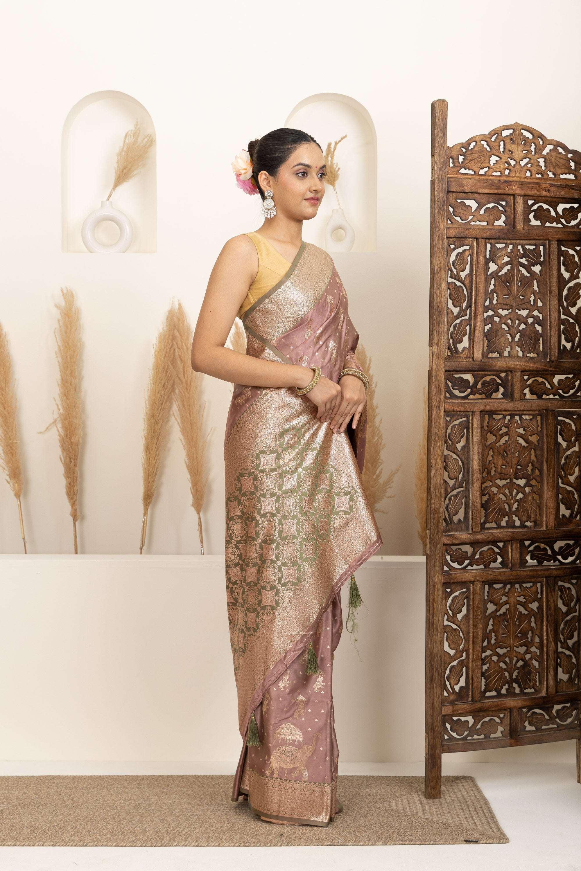 Dusty Rose Saree with Soft Gold Zari Detailing