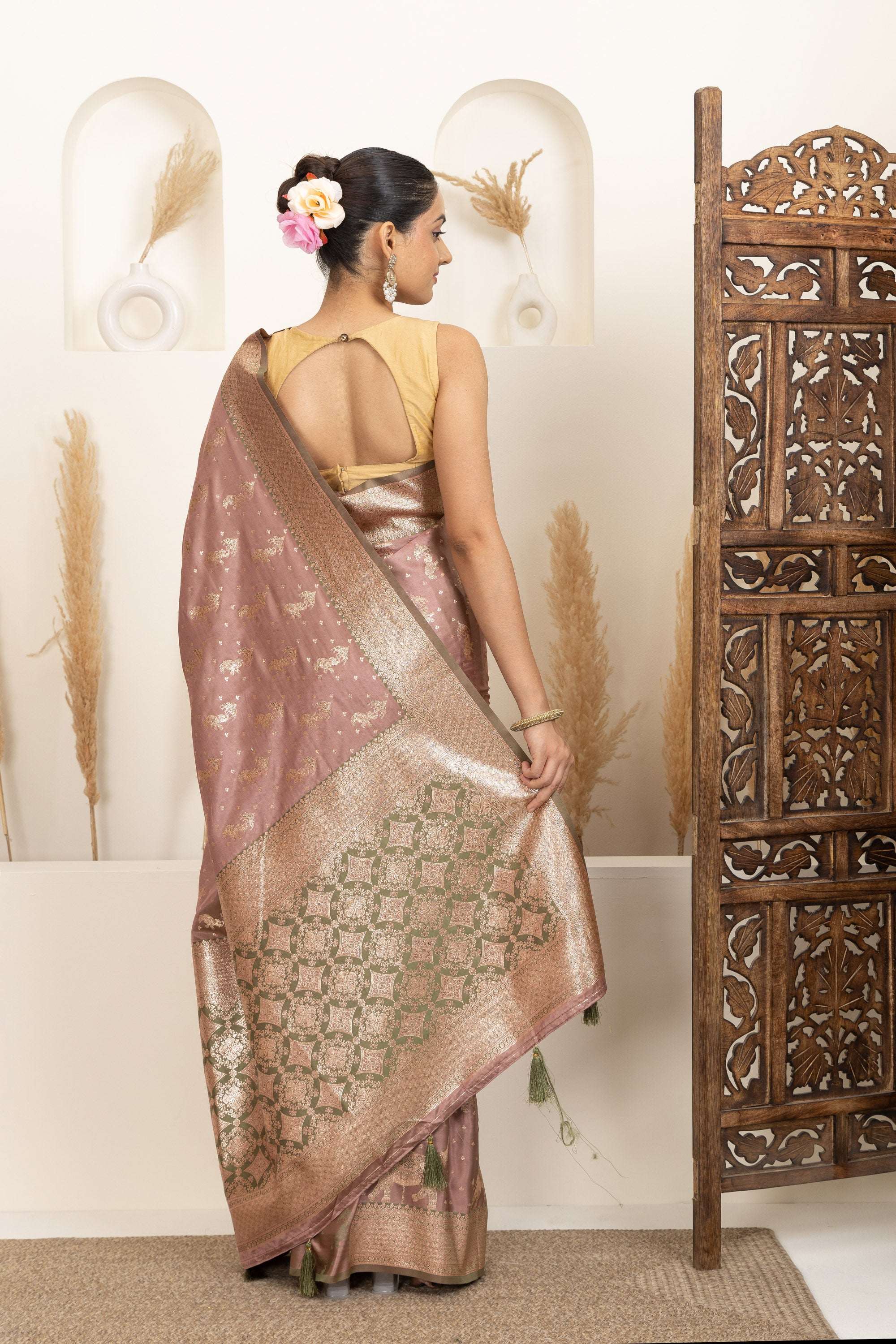 Dusty Rose Saree with Soft Gold Zari Detailing